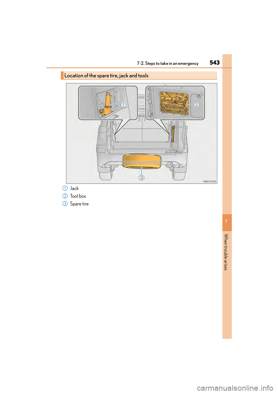 Lexus GX460 2017  Owners Manual 5437-2. Steps to take in an emergency
GX 460 _O M_ OM6 0F 6 8U _(U )
7
When trouble arises
Jack
Tool box
Spare tire
Location of the spare tire, jack and tools
1
2
3
GX460_OM_OM60F68U_(U).book  Page 54