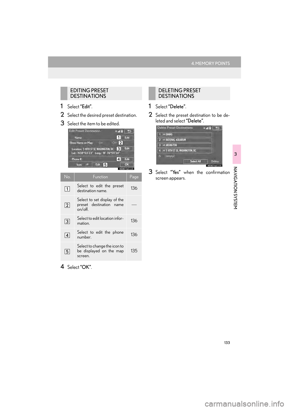 Lexus GX460 2017  Navigation Manual 133
4. MEMORY POINTS
GX460_Navi_OM60N98U_(U)16.05.30     14:27
3
NAVIGATION SYSTEM
1Select “Edit”.
2Select the desired preset destination.
3Select the item to be edited.
4Select “OK”.
1Select 