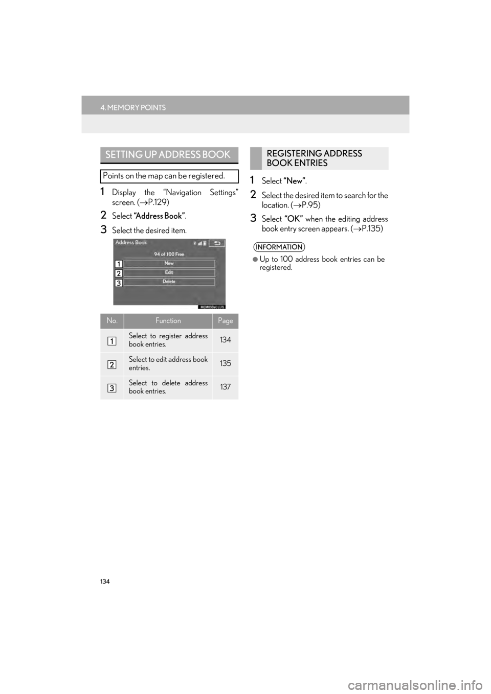 Lexus GX460 2017 Navigation Manual 134
4. MEMORY POINTS
GX460_Navi_OM60N98U_(U)16.05.30 14:27
1Display the “Navigation Settings”
screen. (→P.129)
2Select “Address Book” .
3Select the desired item.
1Select “New” .
2Se Lexus GX460 2017 Navigation Manual 134
4. MEMORY POINTS
GX460_Navi_OM60N98U_(U)16.05.30 14:27
1Display the “Navigation Settings”
screen. (→P.129)
2Select “Address Book” .
3Select the desired item.
1Select “New” .
2Se