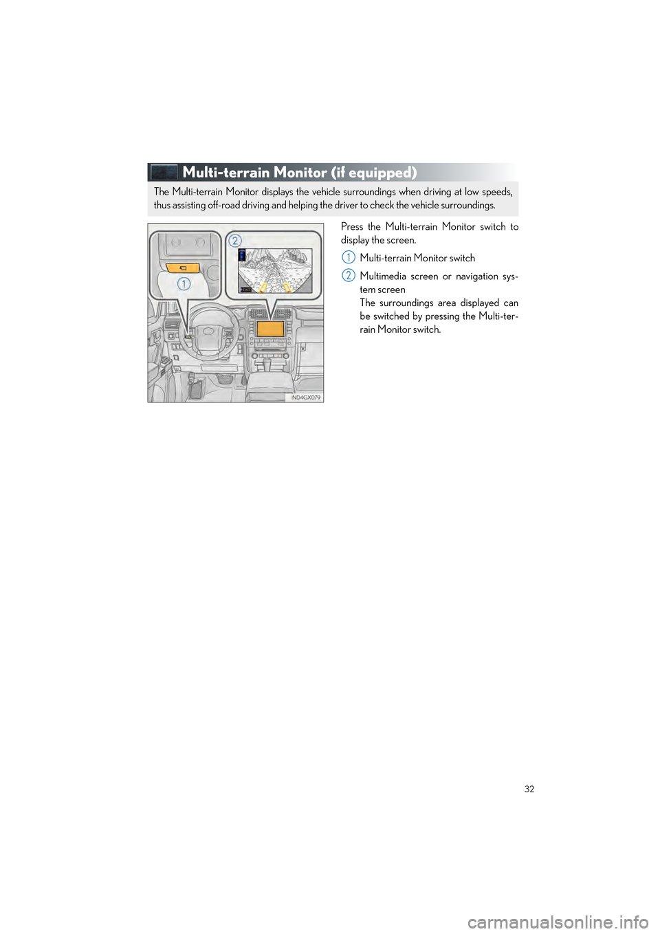 Lexus GX460 2017  Quick Guide 32
GX460_QG_OM60P00U_(U)
Multi-terrain Monitor (if equipped)
Press the Multi-terrain Monitor switch to
display the screen.Multi-terrain Monitor switch
Multimedia screen or navigation sys-
tem screen
T