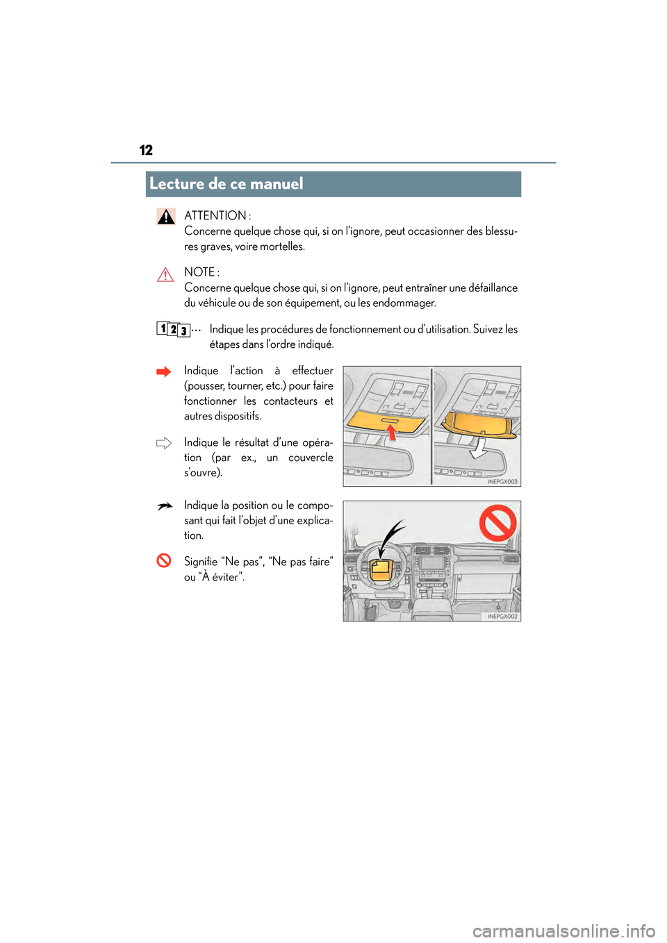 Lexus GX460 2017  Manuel du propriétaire (in French) 12
GX 460 _O M_ OM6 0F 6 8D _ (D )
Lecture de ce manuel
AT T E N T I O N  :  
Concerne quelque chose qui, si on l’ignore, peut occasionner des blessu-
res graves, voire mortelles.
NOTE : 
Concerne q
