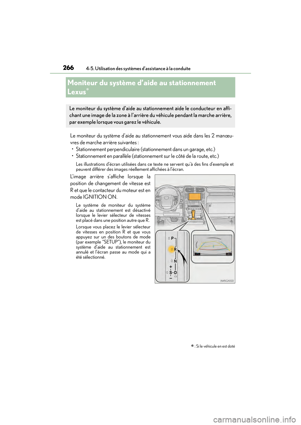 Lexus GX460 2017 Manuel du propriétaire (in French) 266
GX 460 _O M_ OM6 0F 6 8D _ (D )4-5. Utilisation des systèmes d’assistance à la conduite
Moniteur du système d’aide au stationnement
Lexus
∗
Le moniteur du système d’aide au stationnem Lexus GX460 2017 Manuel du propriétaire (in French) 266
GX 460 _O M_ OM6 0F 6 8D _ (D )4-5. Utilisation des systèmes d’assistance à la conduite
Moniteur du système d’aide au stationnement
Lexus
∗
Le moniteur du système d’aide au stationnem