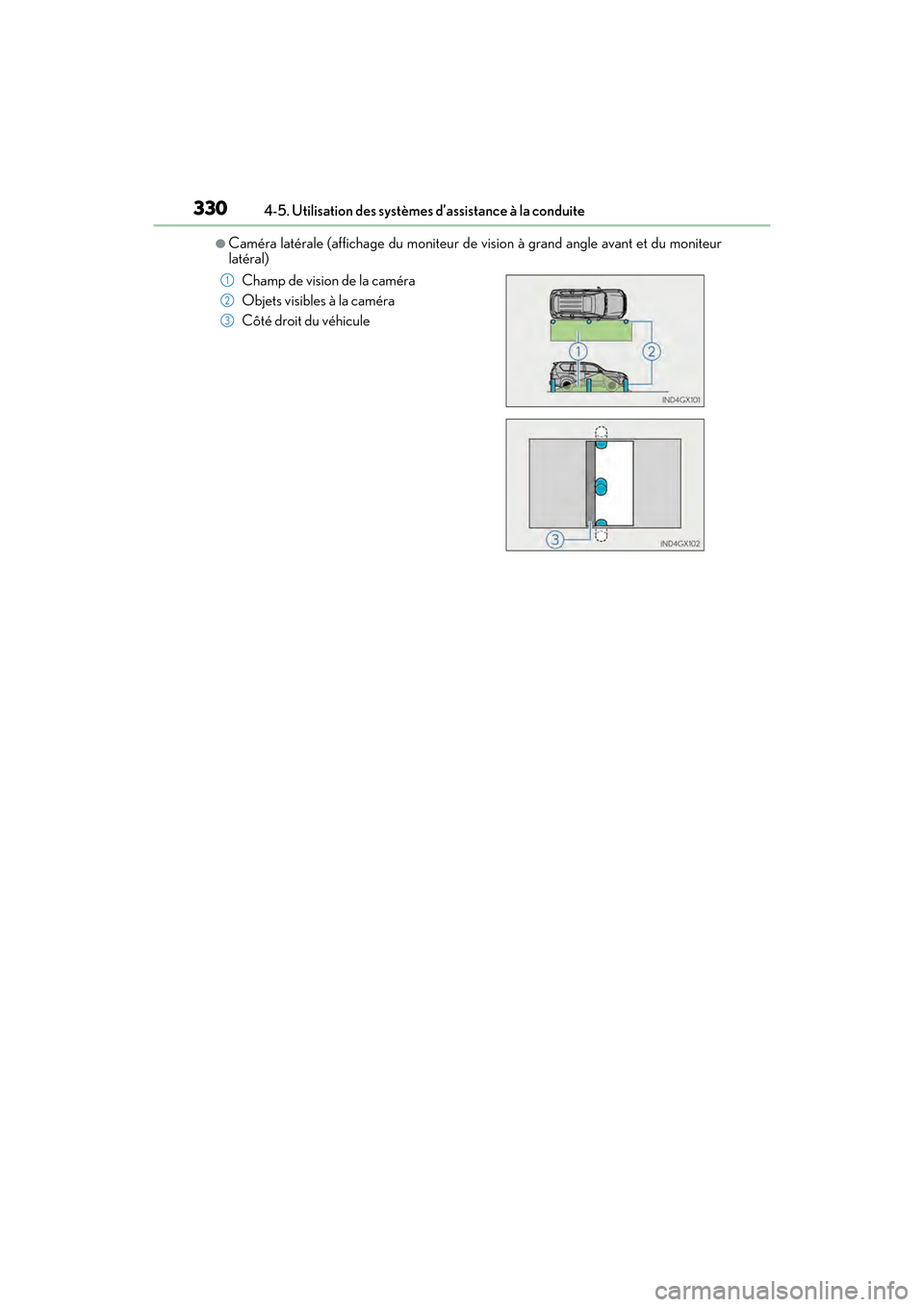 Lexus GX460 2017 Manuel du propriétaire (in French) 330
GX 460 _O M_ OM6 0F 6 8D _ (D )4-5. Utilisation des systèmes d’assistance à la conduite
●Caméra latérale (affichage du moniteur de vision à grand angle avant et du moniteur
latéral)
Cham Lexus GX460 2017 Manuel du propriétaire (in French) 330
GX 460 _O M_ OM6 0F 6 8D _ (D )4-5. Utilisation des systèmes d’assistance à la conduite
●Caméra latérale (affichage du moniteur de vision à grand angle avant et du moniteur
latéral)
Cham