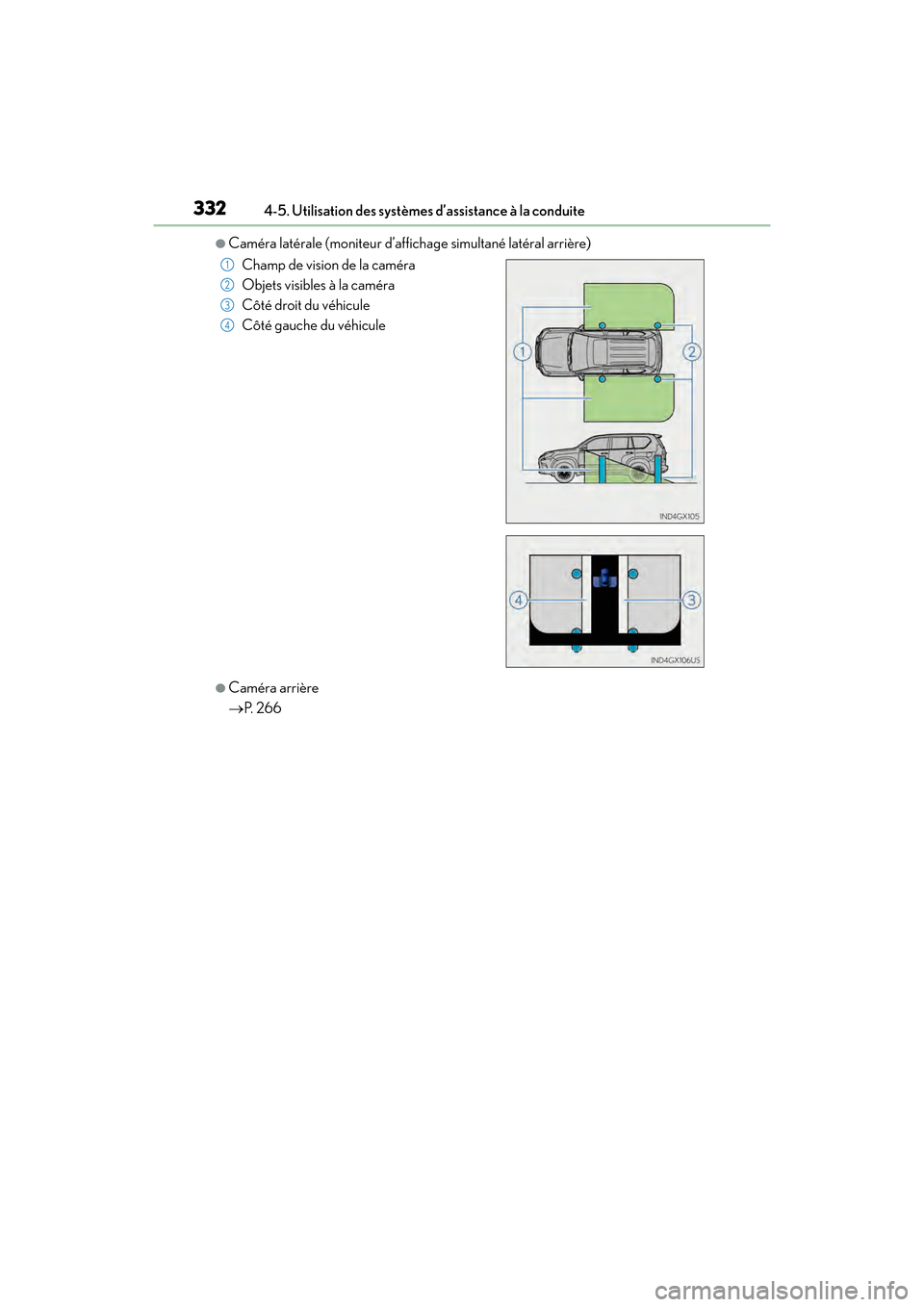Lexus GX460 2017 Manuel du propriétaire (in French) 332
GX 460 _O M_ OM6 0F 6 8D _ (D )4-5. Utilisation des systèmes d’assistance à la conduite
●Caméra latérale (moniteur d’affi
chage simultané latéral arrière)
●Caméra arrière
→P. 2 Lexus GX460 2017 Manuel du propriétaire (in French) 332
GX 460 _O M_ OM6 0F 6 8D _ (D )4-5. Utilisation des systèmes d’assistance à la conduite
●Caméra latérale (moniteur d’affi
chage simultané latéral arrière)
●Caméra arrière
→P. 2