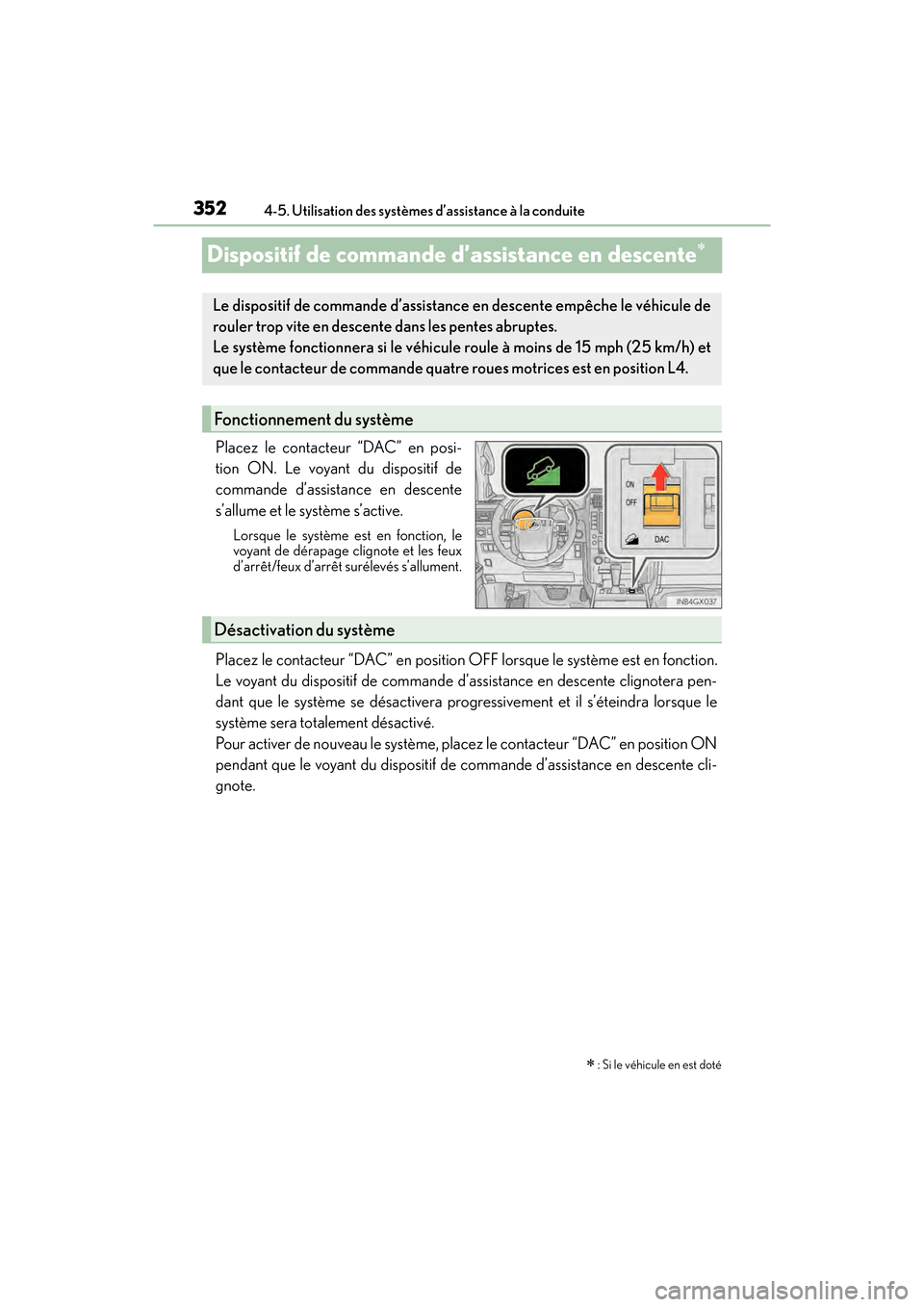 Lexus GX460 2017 Manuel du propriétaire (in French) 352
GX 460 _O M_ OM6 0F 6 8D _ (D )4-5. Utilisation des systèmes d’assistance à la conduite
Dispositif de commande d’assistance en descente∗
Placez le contacteur “DAC” en posi-
tion ON. Le Lexus GX460 2017 Manuel du propriétaire (in French) 352
GX 460 _O M_ OM6 0F 6 8D _ (D )4-5. Utilisation des systèmes d’assistance à la conduite
Dispositif de commande d’assistance en descente∗
Placez le contacteur “DAC” en posi-
tion ON. Le