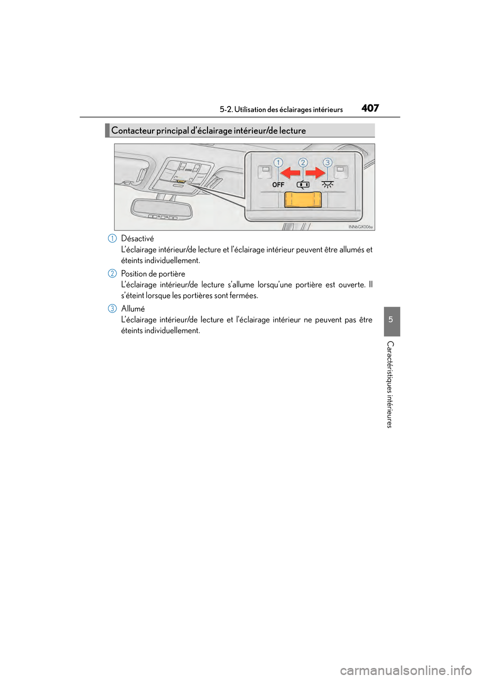 Lexus GX460 2017 Manuel du propriétaire (in French) GX 460 _O M_ OM6 0F 6 8D _ (D )
4075-2. Utilisation des éclairages intérieurs
5
Caractéristiques intérieures
Désactivé
L’éclairage intérieur/de lecture et l’éclairage intérieur peuvent Lexus GX460 2017 Manuel du propriétaire (in French) GX 460 _O M_ OM6 0F 6 8D _ (D )
4075-2. Utilisation des éclairages intérieurs
5
Caractéristiques intérieures
Désactivé
L’éclairage intérieur/de lecture et l’éclairage intérieur peuvent