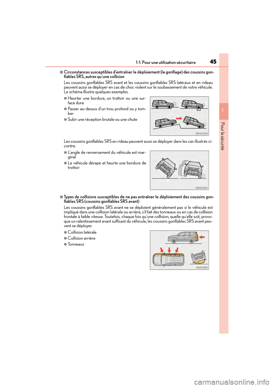 Lexus GX460 2017  Manuel du propriétaire (in French) 451-1. Pour une utilisation sécuritaire
GX 460 _O M_ OM6 0F 6 8D _ (D )
1
Pour la sécurité
■Circonstances susceptibles d’entraîner le  déploiement (le gonflage) des coussins gon-
flables SRS,