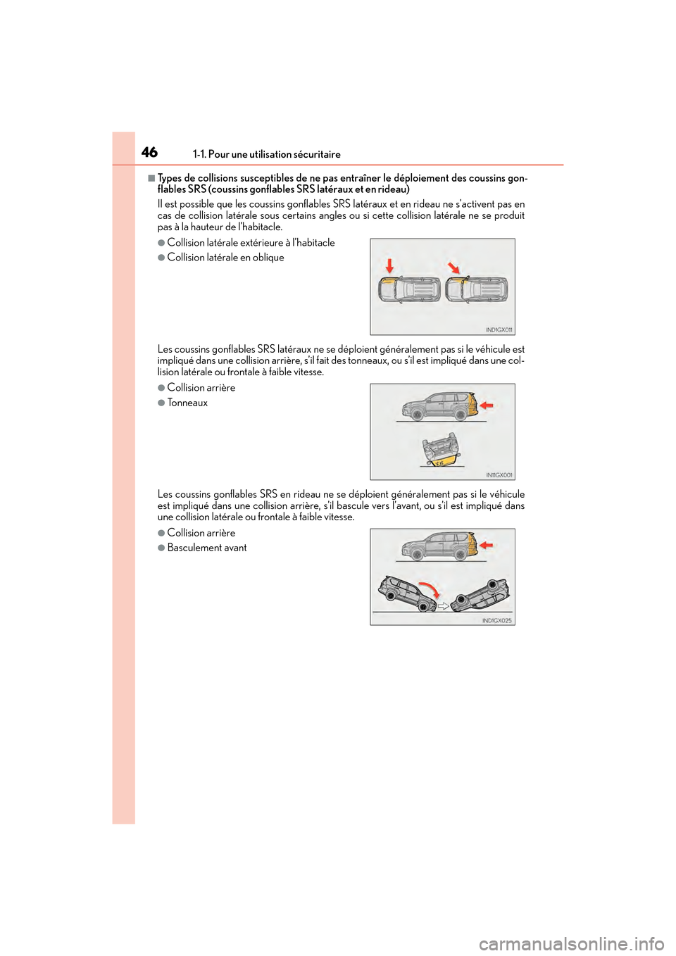 Lexus GX460 2017  Manuel du propriétaire (in French) 461-1. Pour une utilisation sécuritaire
GX 460 _O M_ OM6 0F 6 8D _ (D )
■Types de collisions susceptibles de ne pas entraîner le déploiement des coussins gon-
flables SRS (coussins gonflables SRS