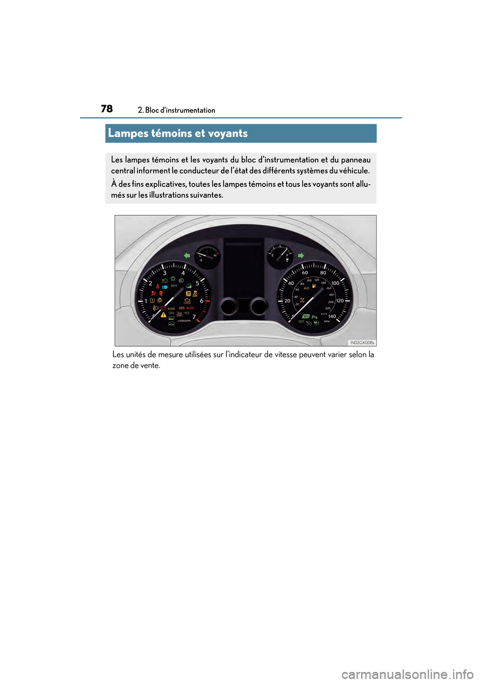 Lexus GX460 2017  Manuel du propriétaire (in French) 78
GX 460 _O M_ OM6 0F 6 8D _ (D )2. Bloc d’instrumentation
Lampes témoins et voyants
Les unités de mesure utilisées sur l’indicateur de vitesse peuvent varier selon la
zone de vente.
Les lampe