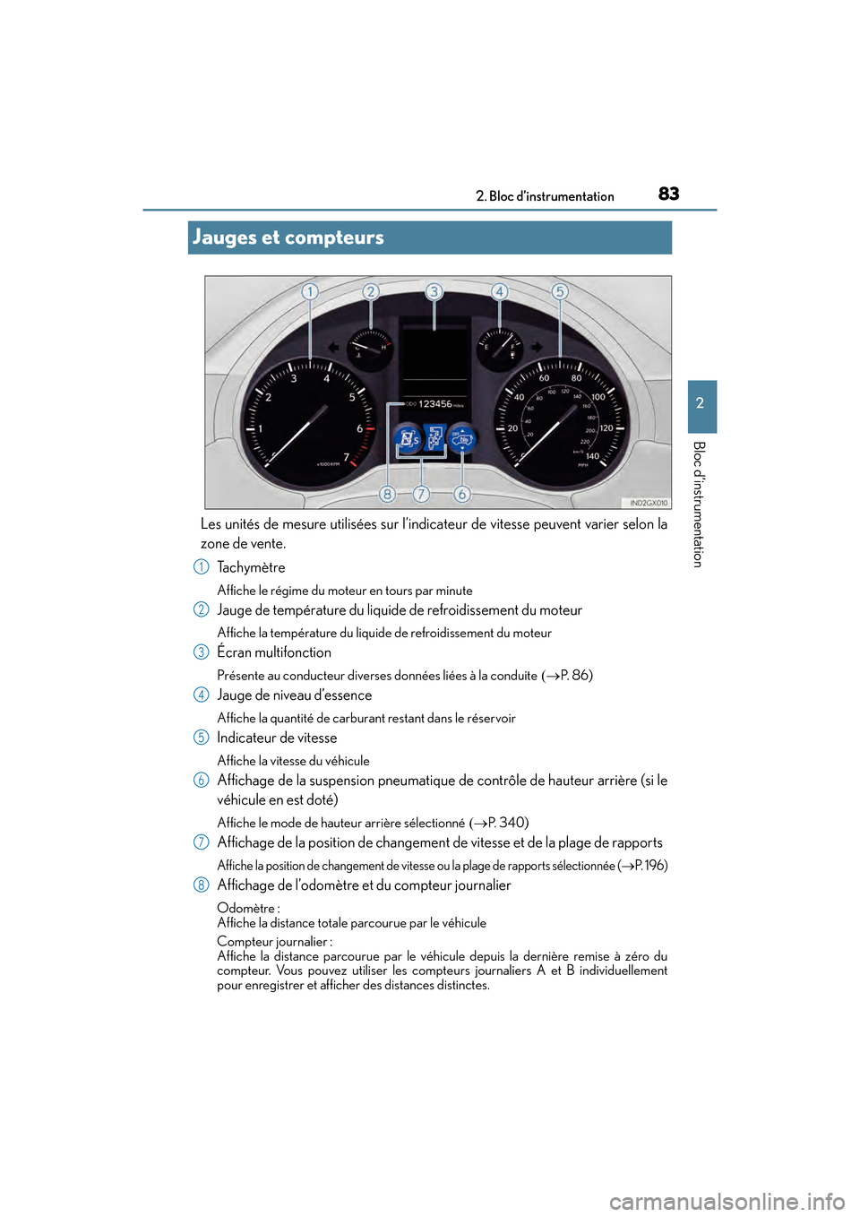 Lexus GX460 2017  Manuel du propriétaire (in French) 83
GX 460 _O M_ OM6 0F 6 8D _ (D )2. Bloc d’instrumentation
2
Bloc d’instrumentation
Jauges et compteurs
Les unités de mesure utilisées sur l’indicateur de vitesse peuvent varier selon la
zone