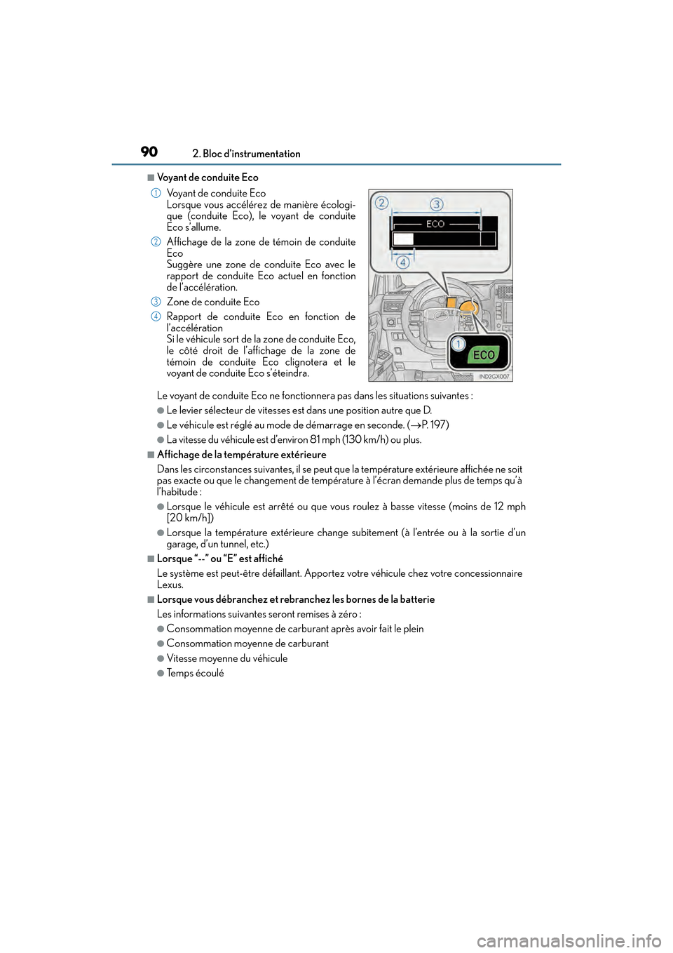 Lexus GX460 2017  Manuel du propriétaire (in French) 90
GX 460 _O M_ OM6 0F 6 8D _ (D )2. Bloc d’instrumentation
■Voyant de conduite Eco
Le voyant de conduite Eco ne fonctionne
ra pas dans les situations suivantes :
●Le levier sélecteur de vitess