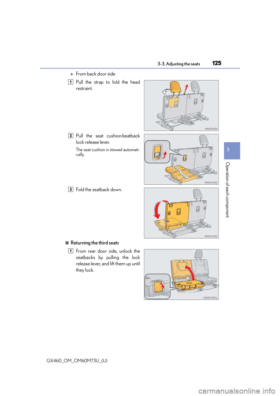 Lexus GX460 2016  Owners Manual / LEXUS 2016 GX460 OWNERS MANUAL (OM60M73U) GX460_OM_OM60M73U_(U)
1253-3. Adjusting the seats
3
Operation of each component
From back door side
Pull the strap to fold the head
restraint.
Pull the seat cushion/seatback
lock release lever.
The