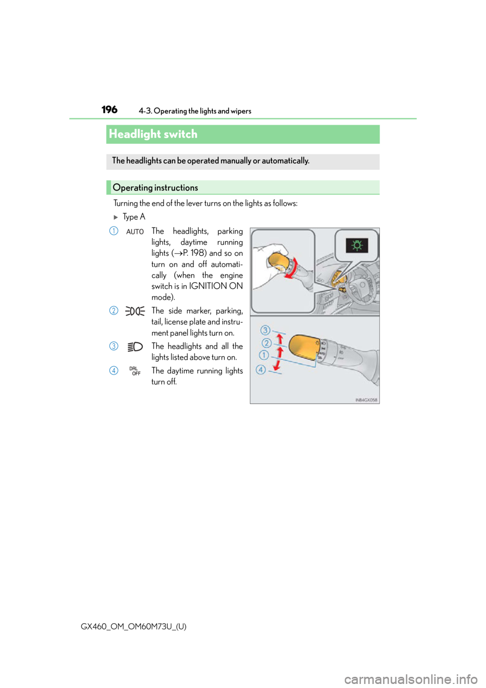 Lexus GX460 2016 Owners Manual / LEXUS 2016 GX460 OWNERS MANUAL (OM60M73U) 196
GX460_OM_OM60M73U_(U)4-3. Operating the lights and wipers
Headlight switch
Turning the end of the lever turns on the lights as follows:
Ty p e A
The headlights, parking
lights, daytime running Lexus GX460 2016 Owners Manual / LEXUS 2016 GX460 OWNERS MANUAL (OM60M73U) 196
GX460_OM_OM60M73U_(U)4-3. Operating the lights and wipers
Headlight switch
Turning the end of the lever turns on the lights as follows:
Ty p e A
The headlights, parking
lights, daytime running