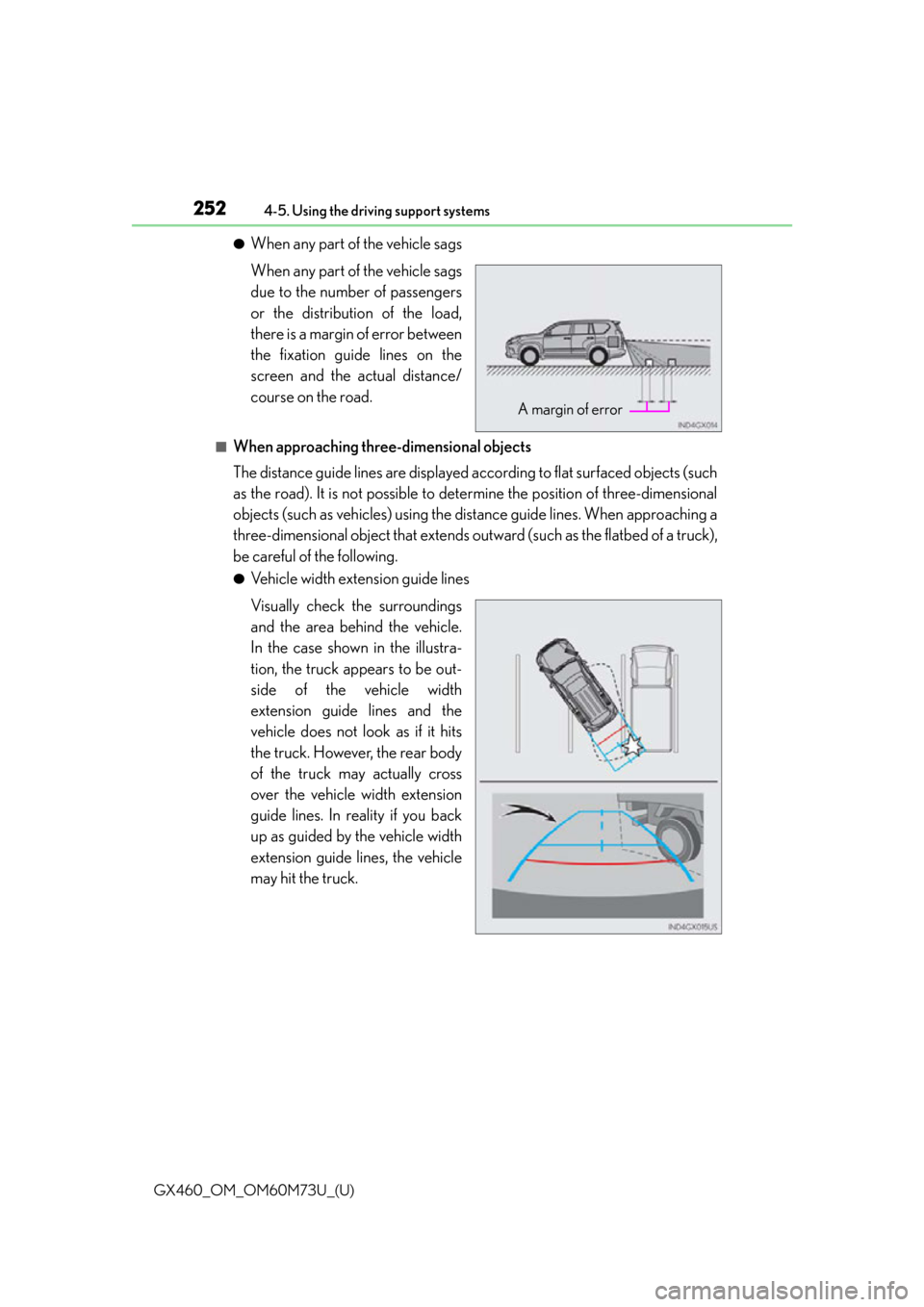 Lexus GX460 2016 Owners Manual / LEXUS 2016 GX460 OWNERS MANUAL (OM60M73U) 252
GX460_OM_OM60M73U_(U)4-5. Using the driving support systems
●When any part of the vehicle sags
When any part of the vehicle sags
due to the number of passengers
or the distribution of the load,
Lexus GX460 2016 Owners Manual / LEXUS 2016 GX460 OWNERS MANUAL (OM60M73U) 252
GX460_OM_OM60M73U_(U)4-5. Using the driving support systems
●When any part of the vehicle sags
When any part of the vehicle sags
due to the number of passengers
or the distribution of the load,