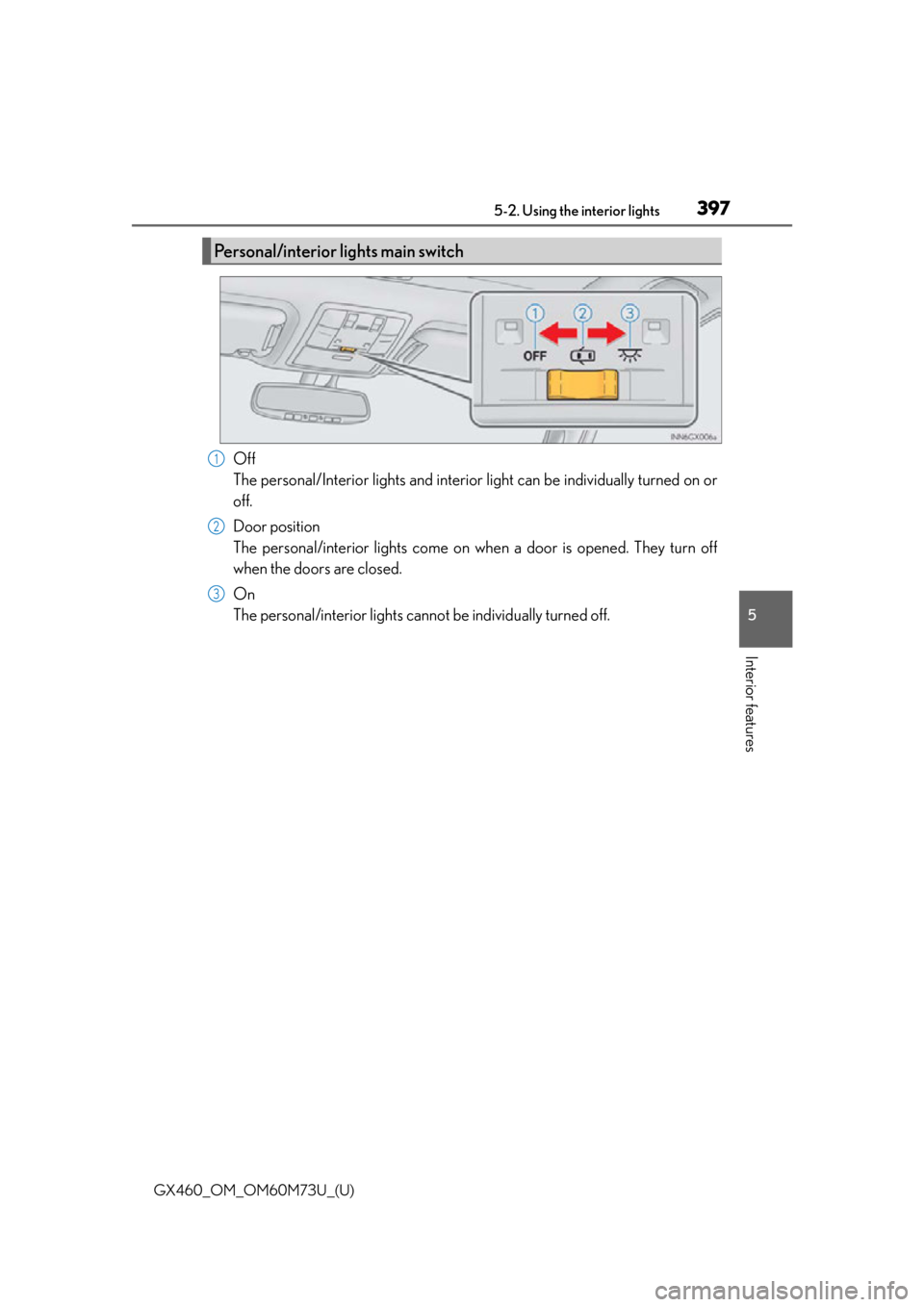 Lexus GX460 2016  Owners Manual / LEXUS 2016 GX460 OWNERS MANUAL (OM60M73U) GX460_OM_OM60M73U_(U)
3975-2. Using the interior lights
5
Interior features
Off
The personal/Interior lights and interior light can be individually turned on or
off.
Door position
The personal/interio