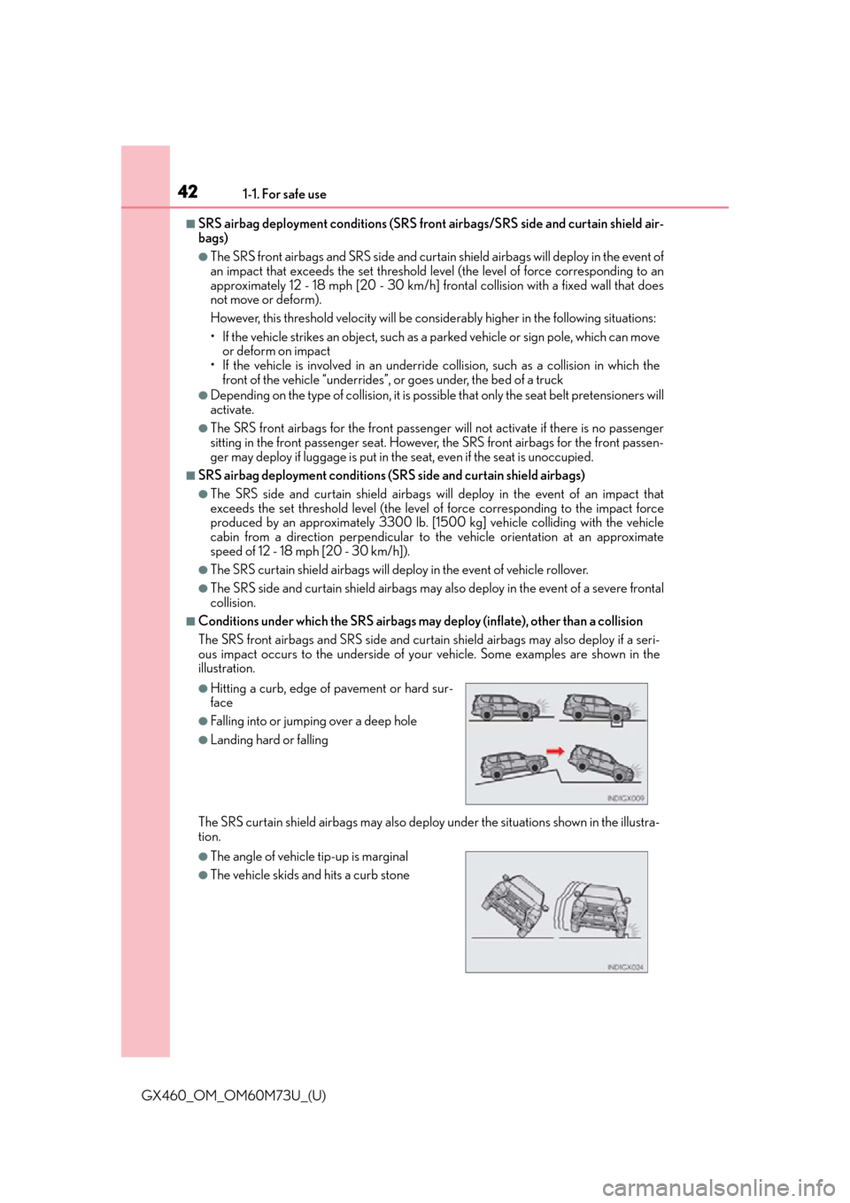 Lexus GX460 2016 Owners Manual / LEXUS 2016 GX460 (OM60M73U) Service Manual 421-1. For safe use
GX460_OM_OM60M73U_(U)
■SRS airbag deployment conditions (SRS front airbags/SRS side and curtain shield air-
bags)
●The SRS front airbags and SRS side and curtain shield airbags Lexus GX460 2016 Owners Manual / LEXUS 2016 GX460 (OM60M73U) Service Manual 421-1. For safe use
GX460_OM_OM60M73U_(U)
■SRS airbag deployment conditions (SRS front airbags/SRS side and curtain shield air-
bags)
●The SRS front airbags and SRS side and curtain shield airbags