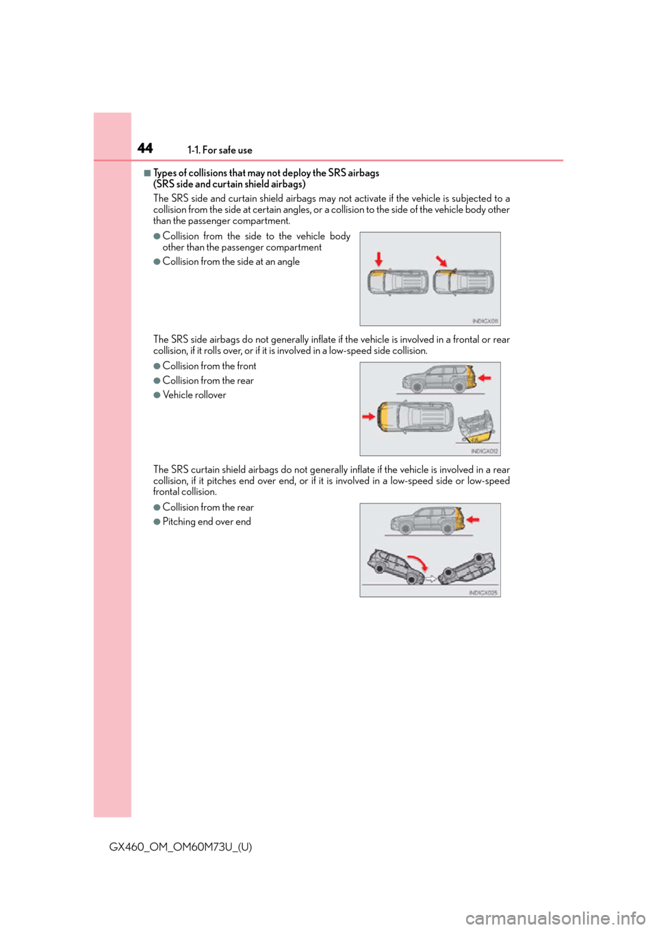 Lexus GX460 2016 Owners Manual / LEXUS 2016 GX460 (OM60M73U) Service Manual 441-1. For safe use
GX460_OM_OM60M73U_(U)
■Types of collisions that may not deploy the SRS airbags
(SRS side and curtain shield airbags)
The SRS side and curtain shield airbags may no t activate if Lexus GX460 2016 Owners Manual / LEXUS 2016 GX460 (OM60M73U) Service Manual 441-1. For safe use
GX460_OM_OM60M73U_(U)
■Types of collisions that may not deploy the SRS airbags
(SRS side and curtain shield airbags)
The SRS side and curtain shield airbags may no t activate if