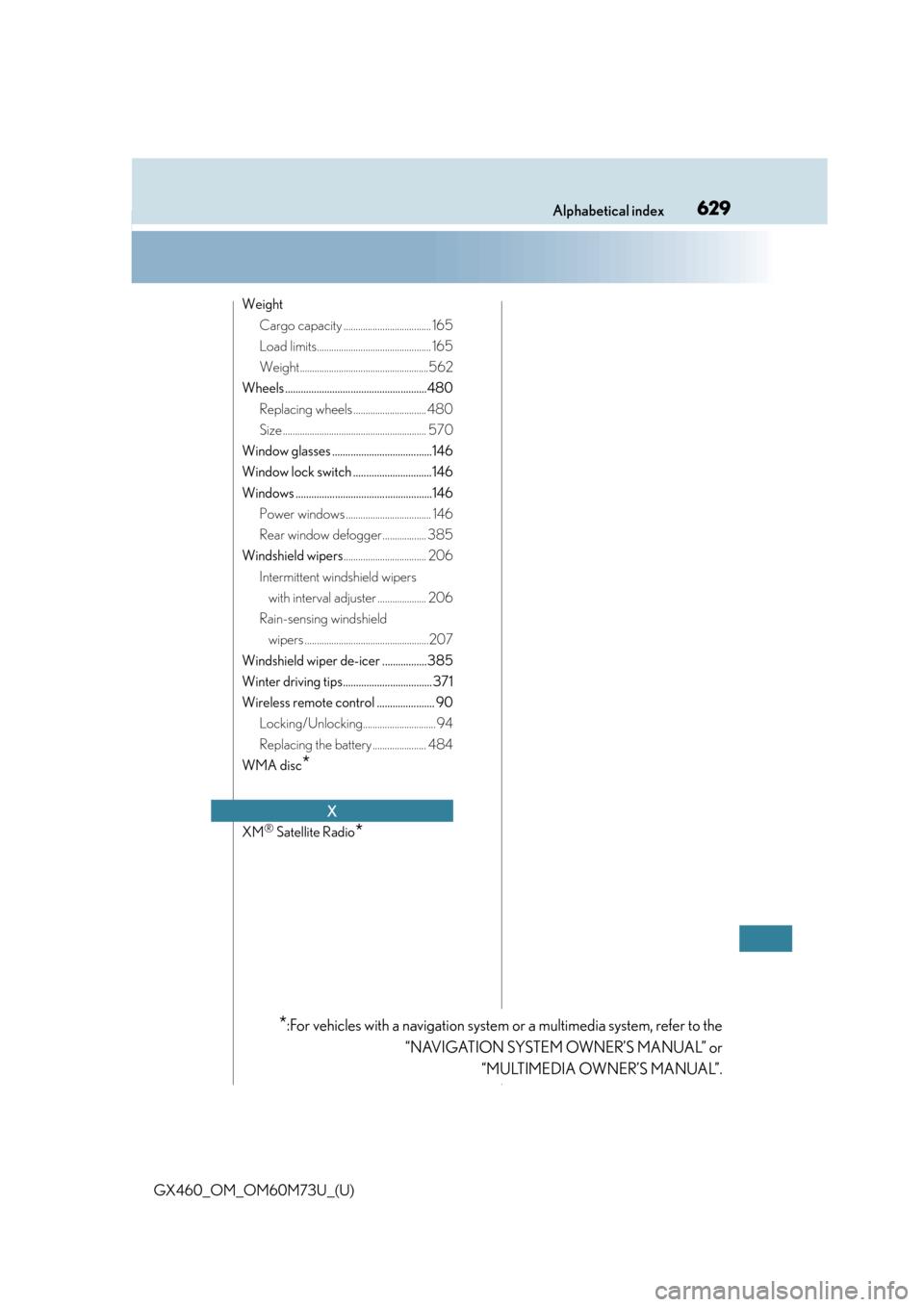 Lexus GX460 2016  Owners Manual / LEXUS 2016 GX460 OWNERS MANUAL (OM60M73U) 629Alphabetical index
GX460_OM_OM60M73U_(U)
WeightCargo capacity .................................... 165
Load limits............................................... 165
Weight.........................