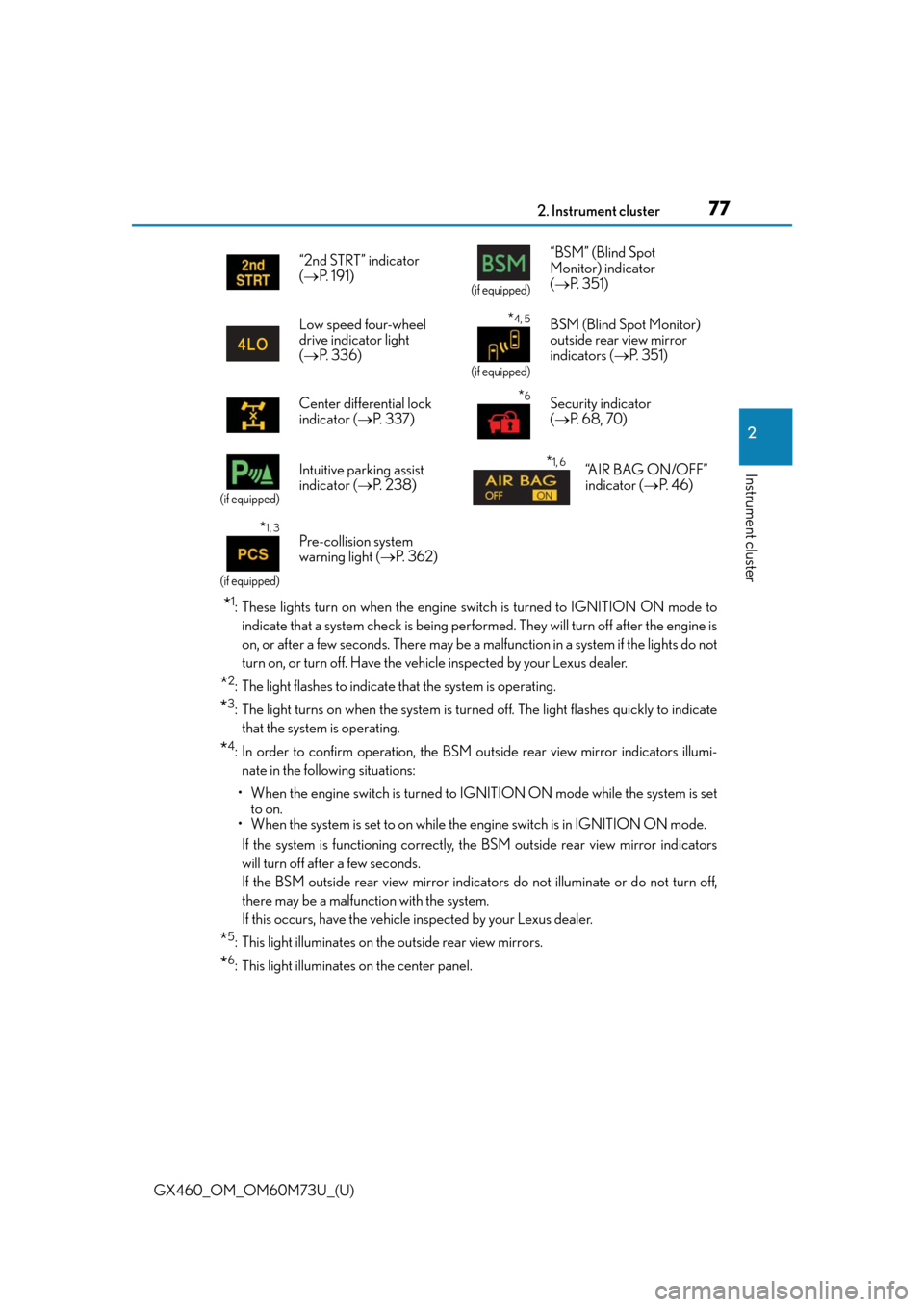 Lexus GX460 2016  Owners Manual / LEXUS 2016 GX460 OWNERS MANUAL (OM60M73U) GX460_OM_OM60M73U_(U)
772. Instrument cluster
2
Instrument cluster
*1: These lights turn on when the engine switch is turned to IGNITION ON mode toindicate that a system check is being perfor med. The