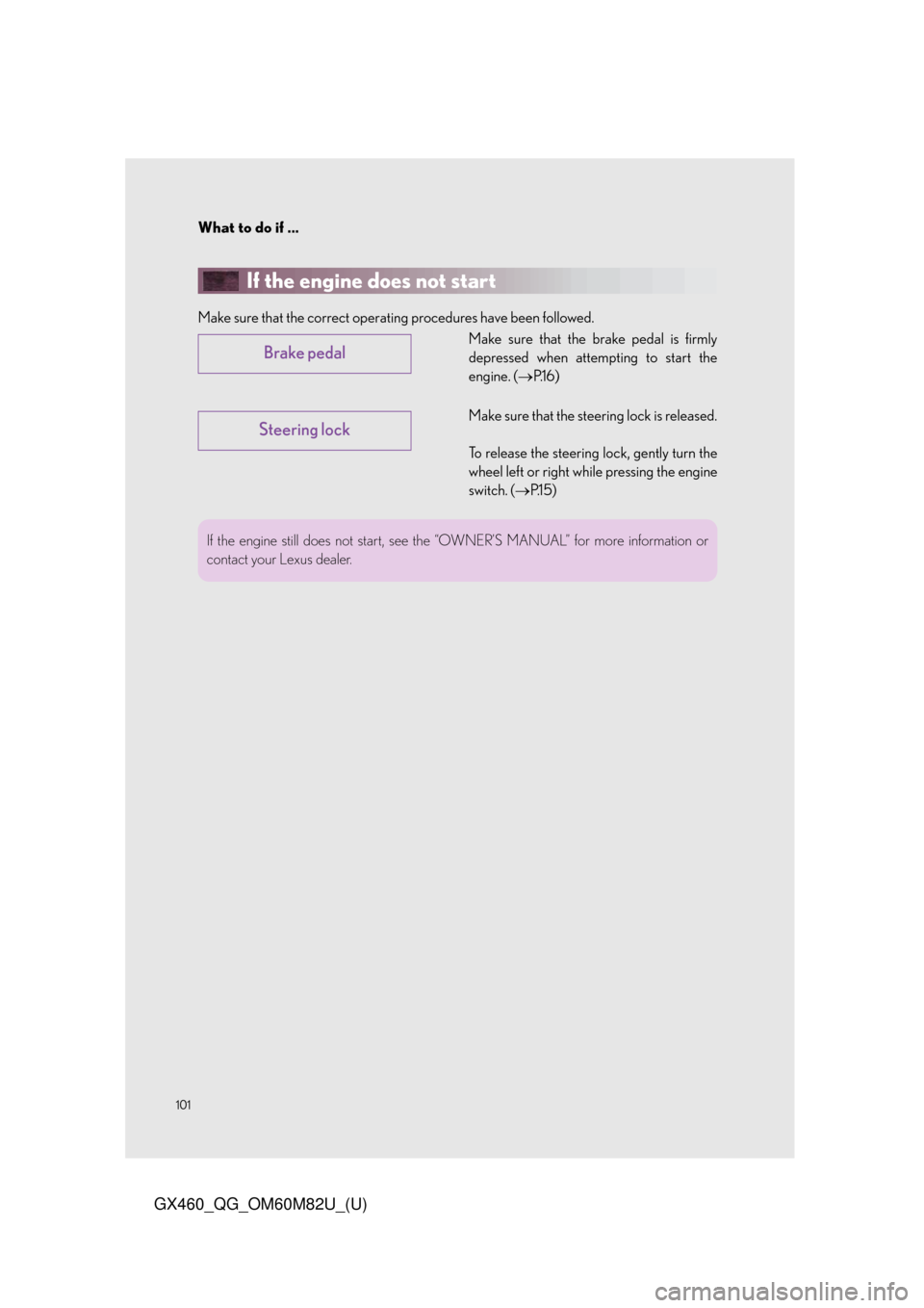 Lexus GX460 2016 Owners Manual / LEXUS 2016 GX460 OWNERS MANUAL QUICK GUIDE (OM60M82U) What to do if ...
101
GX460_QG_OM60M82U_(U)
If the engine does not start
Make sure that the correct operating procedures have been followed.Make sure that the brake pedal is firmly
depressed when atte Lexus GX460 2016 Owners Manual / LEXUS 2016 GX460 OWNERS MANUAL QUICK GUIDE (OM60M82U) What to do if ...
101
GX460_QG_OM60M82U_(U)
If the engine does not start
Make sure that the correct operating procedures have been followed.Make sure that the brake pedal is firmly
depressed when atte