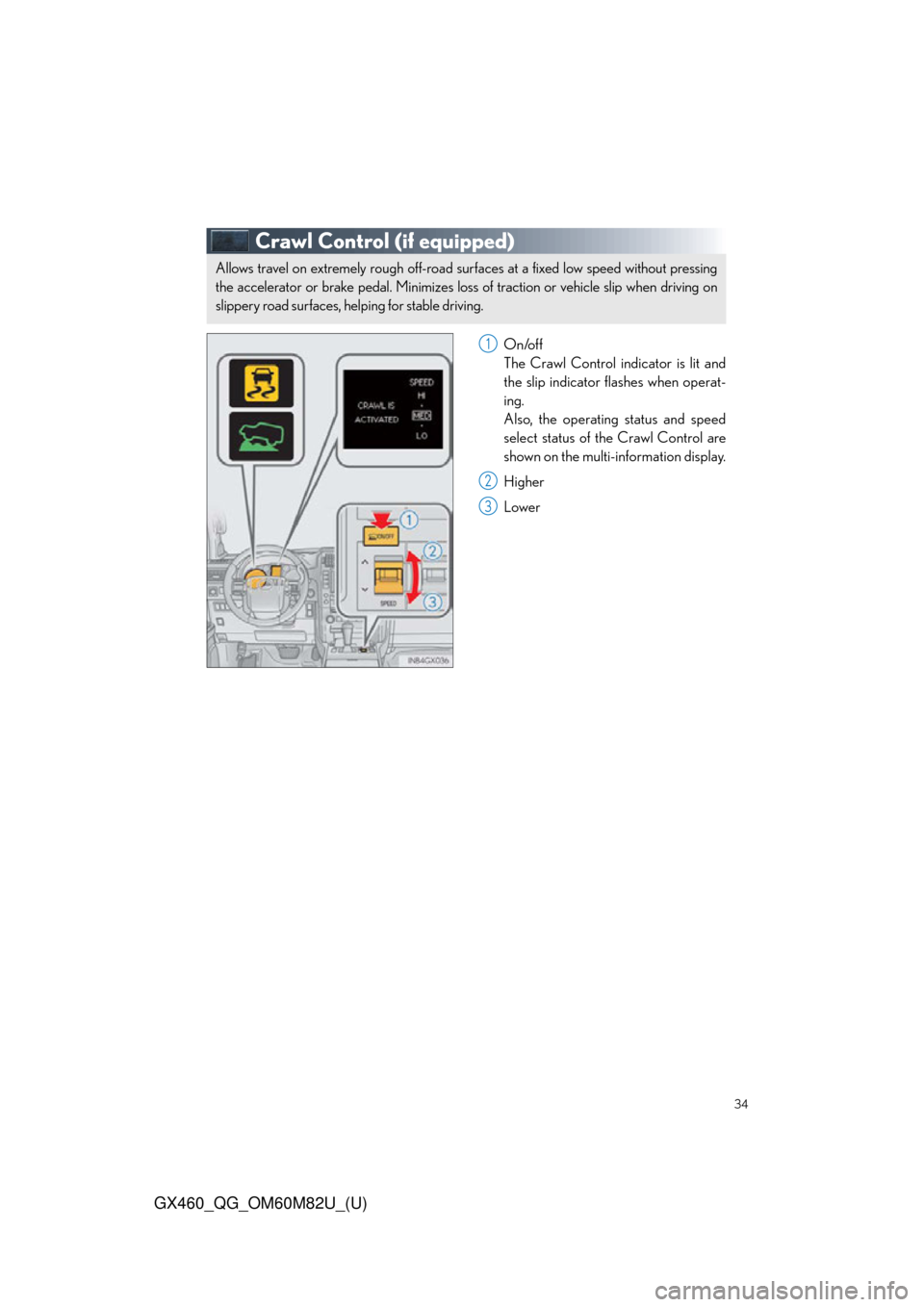 Lexus GX460 2016  Owners Manual / LEXUS 2016 GX460  QUICK GUIDE (OM60M82U) Owners Guide 34
GX460_QG_OM60M82U_(U)
Crawl Control (if equipped)
On/off
The Crawl Control indicator is lit and
the slip indicator flashes when operat-
ing.
Also, the operating status and speed
select status of th