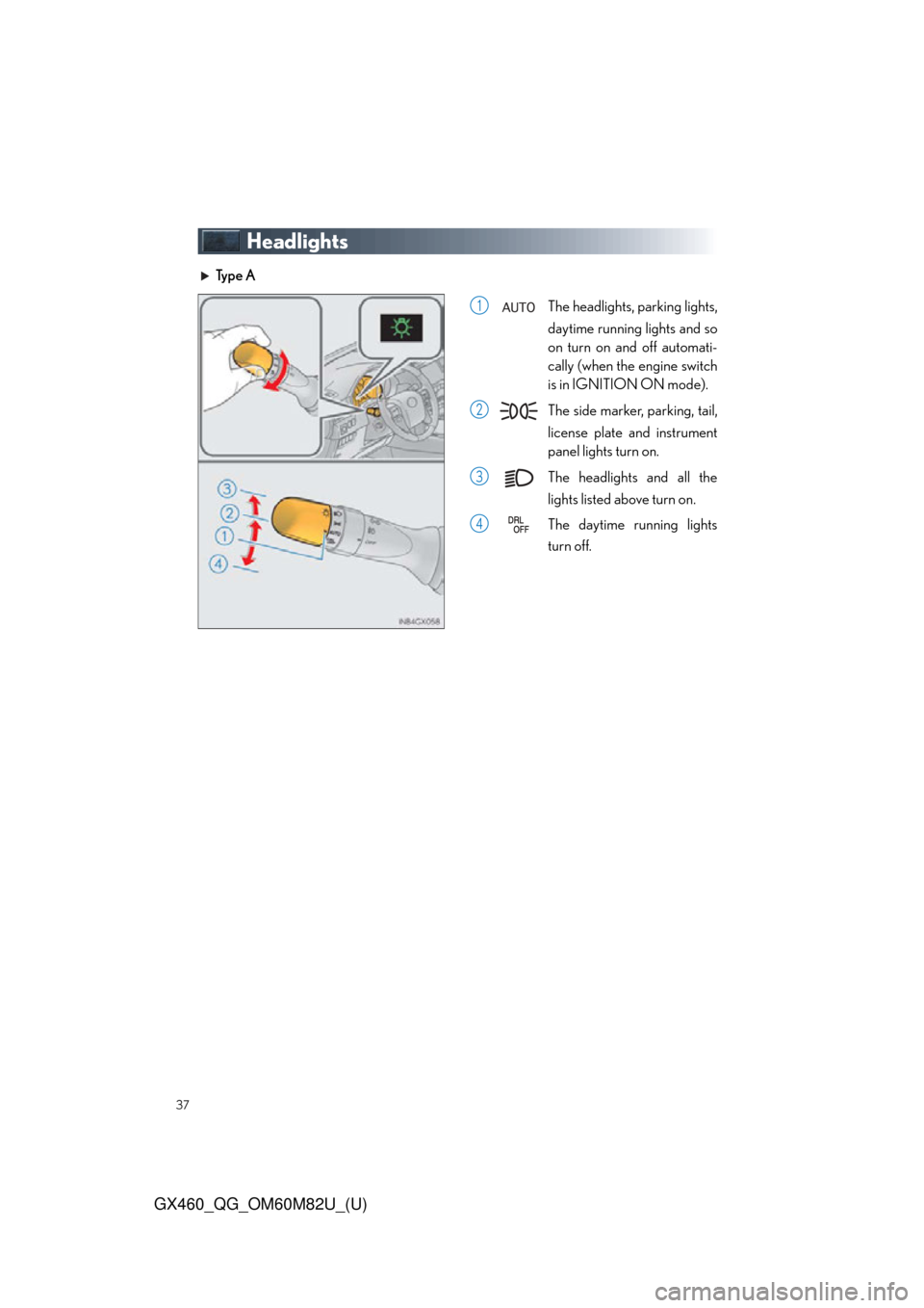 Lexus GX460 2016  Owners Manual / LEXUS 2016 GX460 OWNERS MANUAL QUICK GUIDE (OM60M82U) 37
GX460_QG_OM60M82U_(U)
Headlights
Ty p e  AThe headlights, parking lights,
daytime running lights and so
on turn on and off automati-
cally (when the engine switch
is in IGNITION ON mode).
The side 