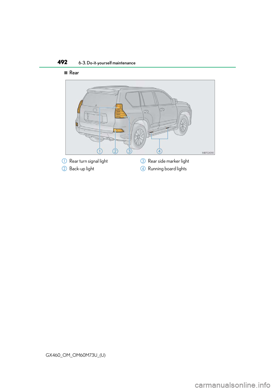 Lexus GX460 2016 Navigation Manual / LEXUS 2016 GX460 (OM60M73U) User Guide 492
GX460_OM_OM60M73U_(U)6-3. Do-it-yourself maintenance
■Rear
Rear turn signal light
Back-up light
Rear side marker light
Running board lights1
2
3
4 Lexus GX460 2016 Navigation Manual / LEXUS 2016 GX460 (OM60M73U) User Guide 492
GX460_OM_OM60M73U_(U)6-3. Do-it-yourself maintenance
■Rear
Rear turn signal light
Back-up light
Rear side marker light
Running board lights1
2
3
4