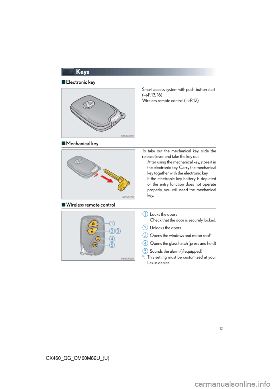 Lexus GX460 2016  Navigation Manual / LEXUS 2016 GX460 OWNERS MANUAL QUICK GUIDE (OM60M82U) 12
GX460_QG_OM60M82U_(U)
Keys
■Electronic key
Smart access system with push-button start 
( P. 13, 16)
Wireless remote control ( P. 1 2 )
■Mechanical key
To take out the mechan ical key, sli