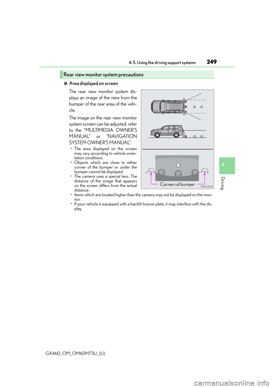 Lexus GX460 2016  Multimedia Manual / LEXUS 2016 GX460 OWNERS MANUAL (OM60M73U) GX460_OM_OM60M73U_(U)
2494-5. Using the driving support systems
4
Driving
■Area displayed on screen
The rear view monitor system dis-
plays an image of the view from the
bumper of the rear area of t