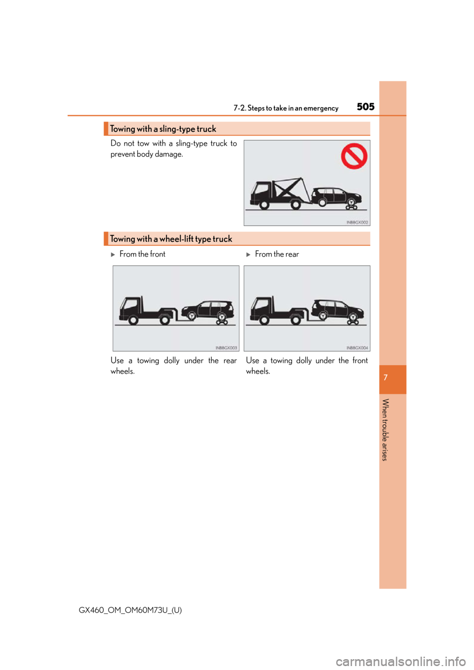 Lexus GX460 2016  Multimedia Manual / LEXUS 2016 GX460 OWNERS MANUAL (OM60M73U) 5057-2. Steps to take in an emergency
GX460_OM_OM60M73U_(U)
7
When trouble arises
Do not tow with a sling-type truck to
prevent body damage.
Towing with a sling-type truck
Towing with a wheel-lift typ