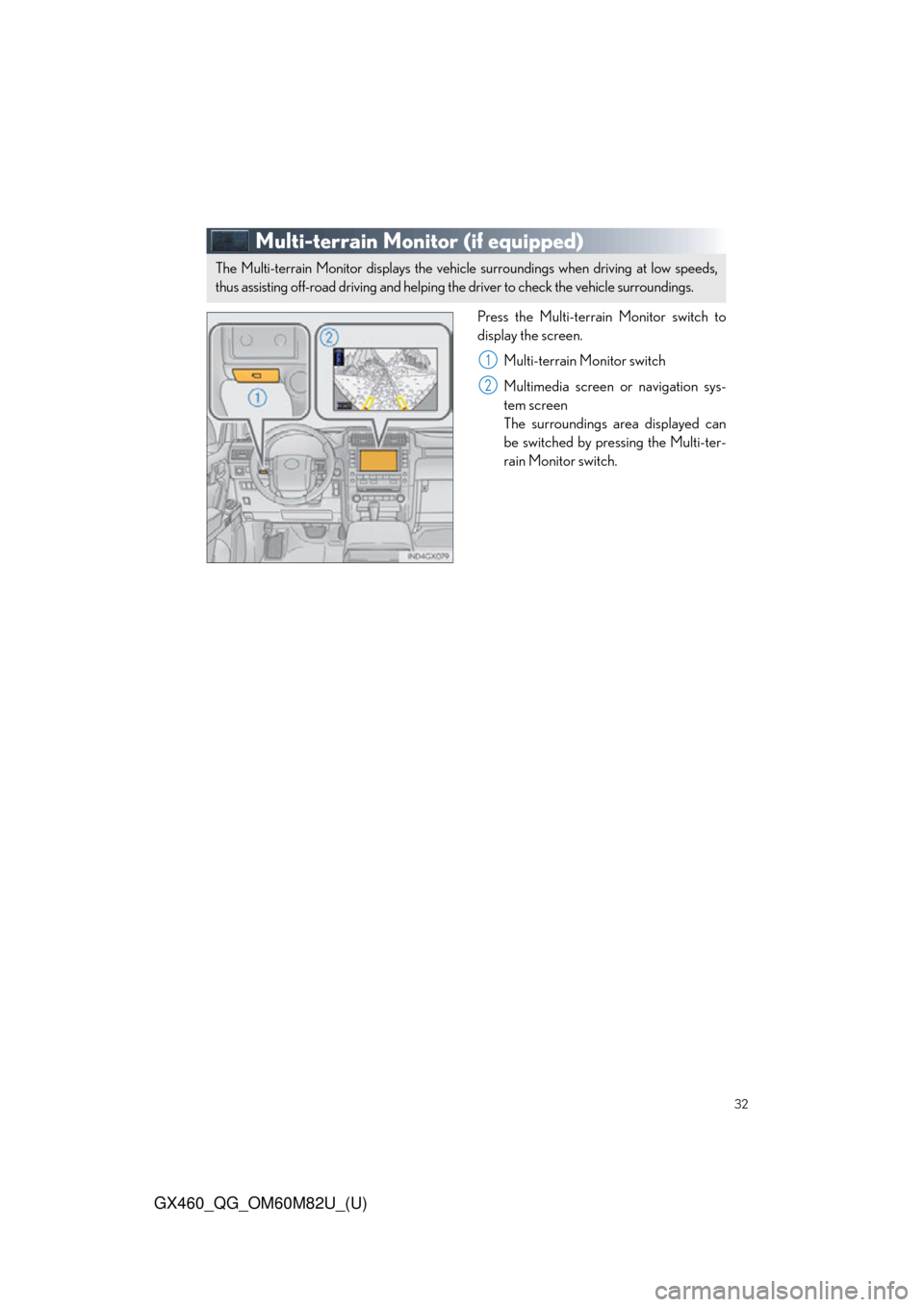 Lexus GX460 2016  Multimedia Manual / 32
GX460_QG_OM60M82U_(U)
Multi-terrain Monitor (if equipped)
Press the Multi-terrain Monitor switch to
display the screen.Multi-terrain Monitor switch
Multimedia screen or navigation sys-
tem screen
T