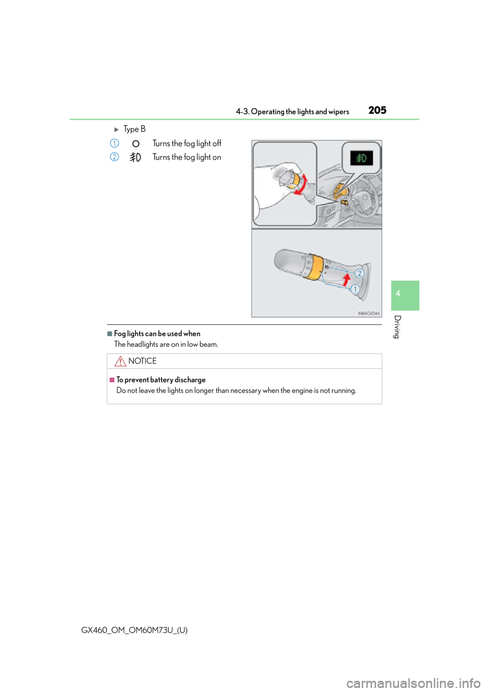 Lexus GX460 2016  Quick Guide / LEXUS 2016 GX460 OWNERS MANUAL (OM60M73U) GX460_OM_OM60M73U_(U)
2054-3. Operating the lights and wipers
4
Driving
Ty p e  BTurns the fog light off
Turns the fog light on
■Fog lights can be used when
The headlights are on in low beam.
1
2