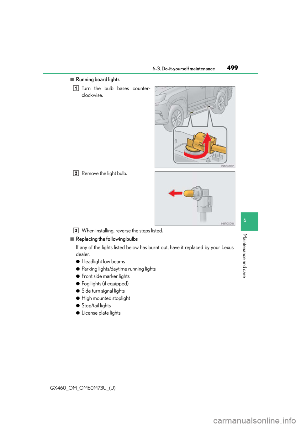 Lexus GX460 2016  Quick Guide / LEXUS 2016 GX460 OWNERS MANUAL (OM60M73U) GX460_OM_OM60M73U_(U)
4996-3. Do-it-yourself maintenance
6
Maintenance and care
■Running board lightsTurn the bulb bases counter-
clockwise.
Remove the light bulb.
When installing, reverse the steps