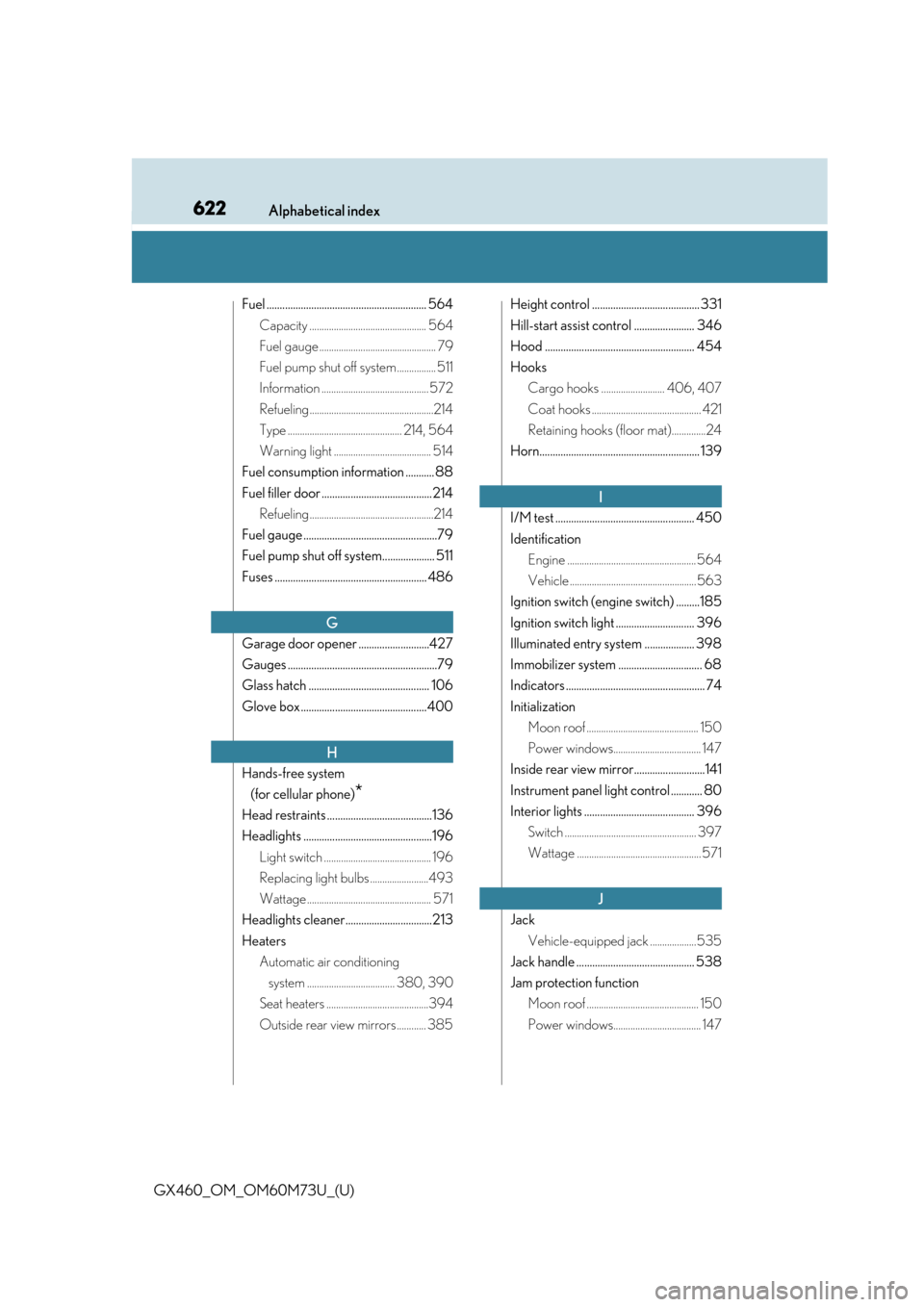 Lexus GX460 2016  Quick Guide / LEXUS 2016 GX460 OWNERS MANUAL (OM60M73U) 622Alphabetical index
GX460_OM_OM60M73U_(U)
Fuel ............................................................. 564Capacity ................................................ 564
Fuel gauge .............