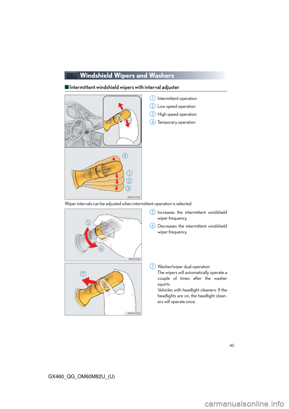 Lexus GX460 2016  Quick Guide / LEXUS 2016 GX460 OWNERS MANUAL QUICK GUIDE (OM60M82U) 40
GX460_QG_OM60M82U_(U)
Windshield Wipers and Washers
■Intermittent windshield wi pers with interval adjuster
Intermittent operation
Low speed operation
High speed operation
Temporary operation
Wip