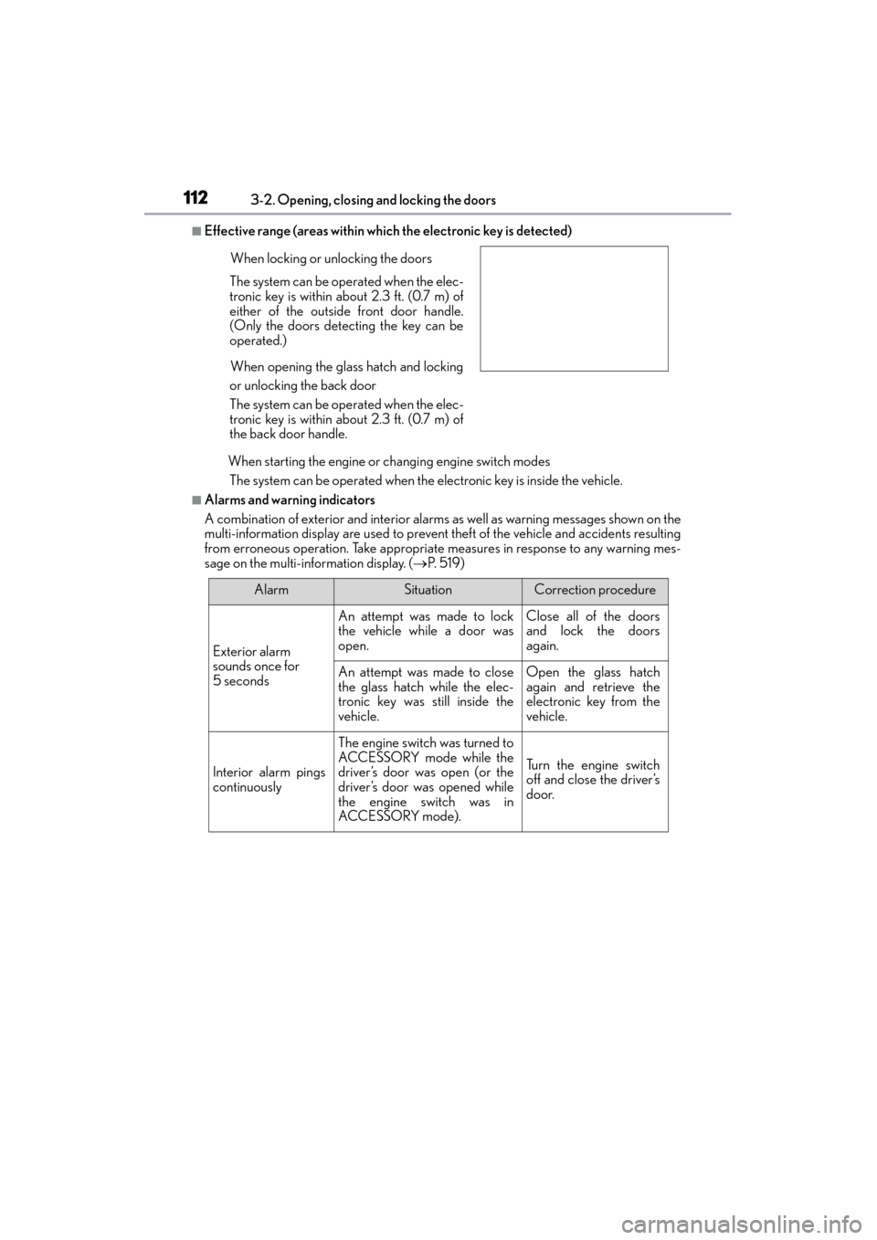 Lexus GX460 2015  Owners Manual 112
GX 460 _O M_ OM6 0L 72U _( U)3-2. Opening, closing and locking the doors
■Effective range (areas within which the electronic key is detected)
When starting the engine or changing engine switch m