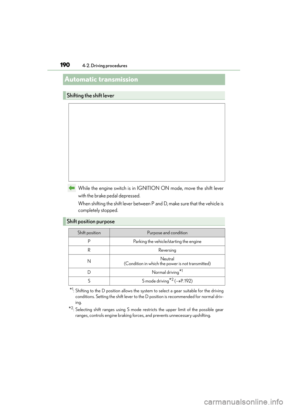 Lexus GX460 2015  Owners Manual 190
GX 460 _O M_ OM6 0L 72U _( U)4-2. Driving procedures
Automatic transmission
While the engine switch is in IGNITION ON mode, move the shift lever
with the brake pedal depressed.
When shifting the s