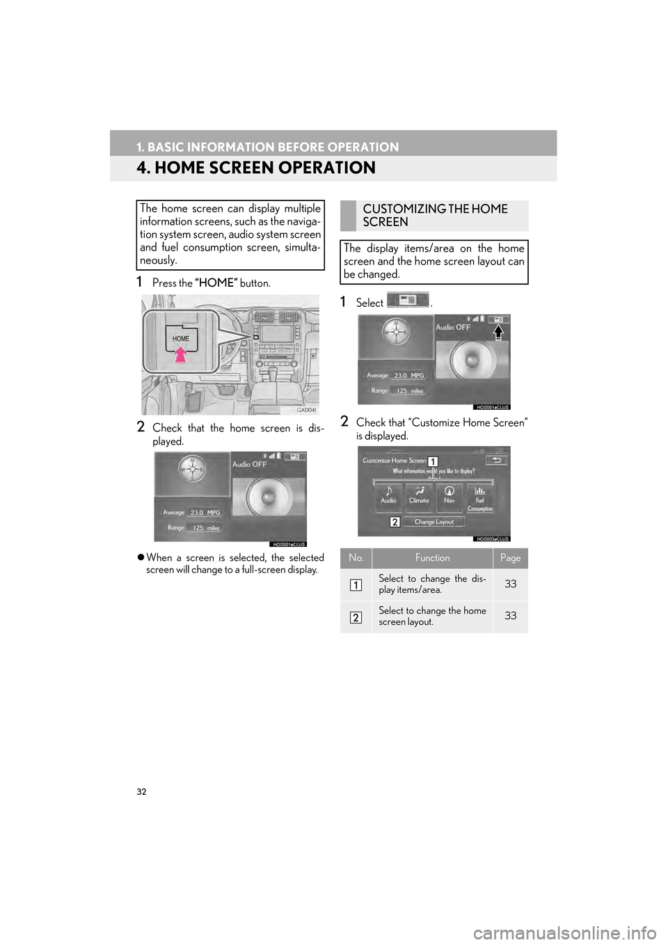Lexus GX460 2015  Navigation Manual 32
1. BASIC INFORMATION BEFORE OPERATION
GX460_Navi_OM60L77U_(U)14.06.02     10:48
4. HOME SCREEN OPERATION
1Press the “HOME”  button.
2Check that the home screen is dis-
played.
�zWhen a screen i