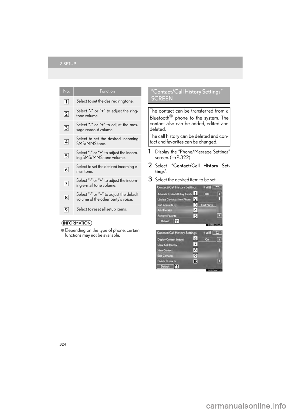 Lexus GX460 2015 Navigation Manual 324
2. SETUP
GX460_Navi_OM60L77U_(U)14.06.02 10:48
1Display the “Phone/Message Settings”
screen. (→P.322)
2Select “Contact/Call History Set-
tings” .
3Select the desired item to be set. Lexus GX460 2015 Navigation Manual 324
2. SETUP
GX460_Navi_OM60L77U_(U)14.06.02 10:48
1Display the “Phone/Message Settings”
screen. (→P.322)
2Select “Contact/Call History Set-
tings” .
3Select the desired item to be set.
