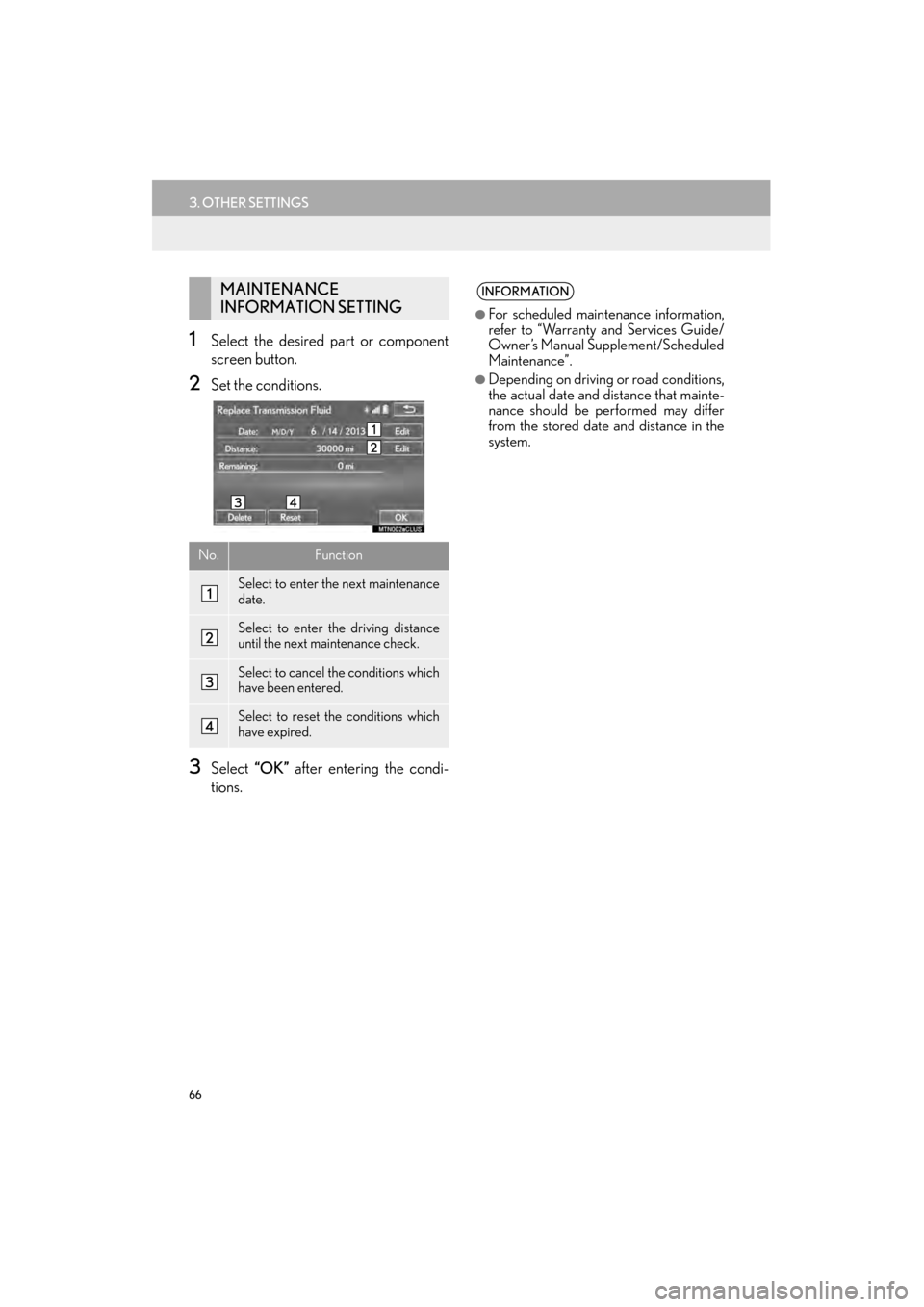 Lexus GX460 2015 Navigation Manual 66
3. OTHER SETTINGS
GX460_Navi_OM60L77U_(U)14.06.02 10:48
1Select the desired part or component
screen button.
2Set the conditions.
3Select “OK” after entering the condi-
tions.
MAINTENANCE
Lexus GX460 2015 Navigation Manual 66
3. OTHER SETTINGS
GX460_Navi_OM60L77U_(U)14.06.02 10:48
1Select the desired part or component
screen button.
2Set the conditions.
3Select “OK” after entering the condi-
tions.
MAINTENANCE