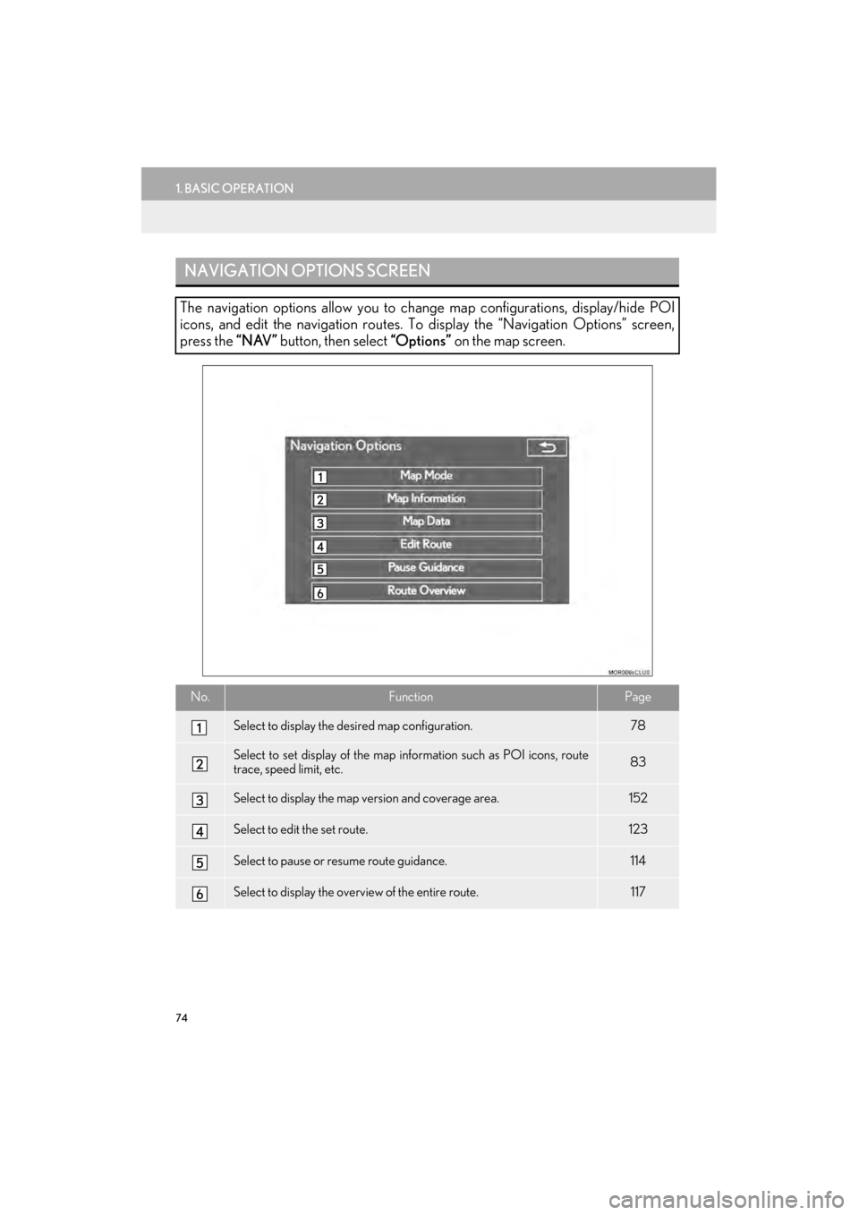 Lexus GX460 2015 Navigation Manual 74
1. BASIC OPERATION
GX460_Navi_OM60L77U_(U)14.06.02 10:48
NAVIGATION OPTIONS SCREEN
The navigation options allow you to change map configurations, display/hide POI
icons, and edit the navigation Lexus GX460 2015 Navigation Manual 74
1. BASIC OPERATION
GX460_Navi_OM60L77U_(U)14.06.02 10:48
NAVIGATION OPTIONS SCREEN
The navigation options allow you to change map configurations, display/hide POI
icons, and edit the navigation