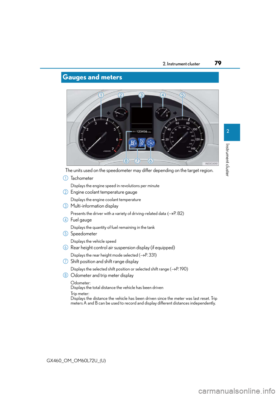 Lexus GX460 2015 Do-it-yourself maintenance / LEXUS 2015 GX460 OWNERS MANUAL (OM60L72U) 79
GX460_OM_OM60L72U_(U)2. Instrument cluster
2
Instrument cluster
Gauges and meters
The units used on the speedometer may di
ffer depending on the target region.
Tachometer
Displays the engine speed Lexus GX460 2015 Do-it-yourself maintenance / LEXUS 2015 GX460 OWNERS MANUAL (OM60L72U) 79
GX460_OM_OM60L72U_(U)2. Instrument cluster
2
Instrument cluster
Gauges and meters
The units used on the speedometer may di
ffer depending on the target region.
Tachometer
Displays the engine speed