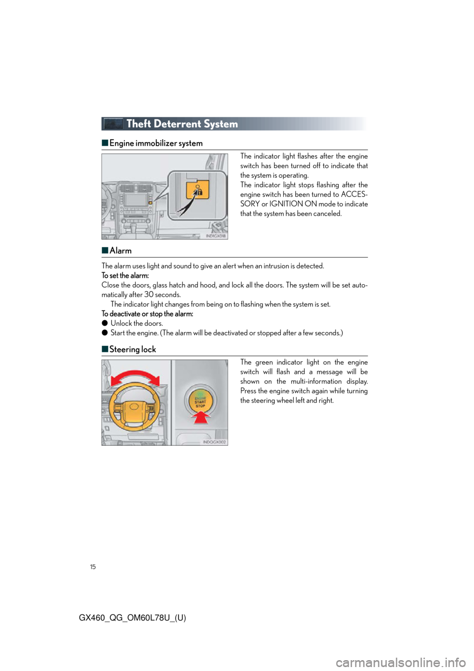 Lexus GX460 2015  Do-it-yourself maintenance / LEXUS 2015 GX460 QUICK GUIDE OWNERS MANUAL (OM60L78U) 15
GX460_QG_OM60L78U_(U)
Theft Deterrent System
■Engine immobilizer system
The indicator light flashes after the engine
switch has been turned off to indicate that
the system is operating.
The indic