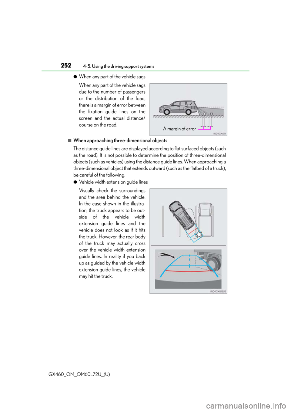 Lexus GX460 2015  Instrument cluster / LEXUS 2015 GX460 OWNERS MANUAL (OM60L72U) 252
GX460_OM_OM60L72U_(U)4-5. Using the driving support systems
●When any part of the vehicle sags
When any part of the vehicle sags
due to the number of passengers
or the distribution of the load,
