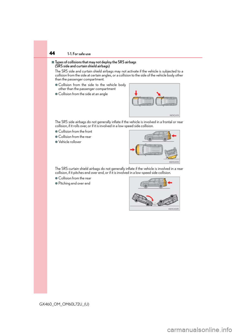 Lexus GX460 2015 Instrument cluster / LEXUS 2015 GX460 (OM60L72U) Service Manual 441-1. For safe use
GX460_OM_OM60L72U_(U)
■Types of collisions that may not deploy the SRS airbags
(SRS side and curtain shield airbags)
The SRS side and curtain shield airbags may not activate if Lexus GX460 2015 Instrument cluster / LEXUS 2015 GX460 (OM60L72U) Service Manual 441-1. For safe use
GX460_OM_OM60L72U_(U)
■Types of collisions that may not deploy the SRS airbags
(SRS side and curtain shield airbags)
The SRS side and curtain shield airbags may not activate if