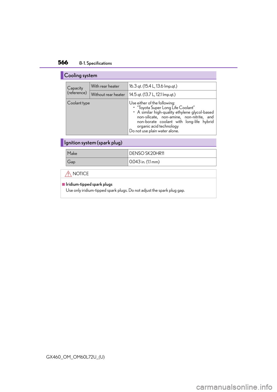 Lexus GX460 2015  Instrument cluster / LEXUS 2015 GX460 OWNERS MANUAL (OM60L72U) 566
GX460_OM_OM60L72U_(U)8-1. Specifications
Cooling system
Capacity 
(reference)With rear heater16.3 qt. (15.4 L, 13.6 Imp.qt.)
Without rear heater14.5 qt. (13.7 L, 12.1 Imp.qt.)
Coolant typeUse eith