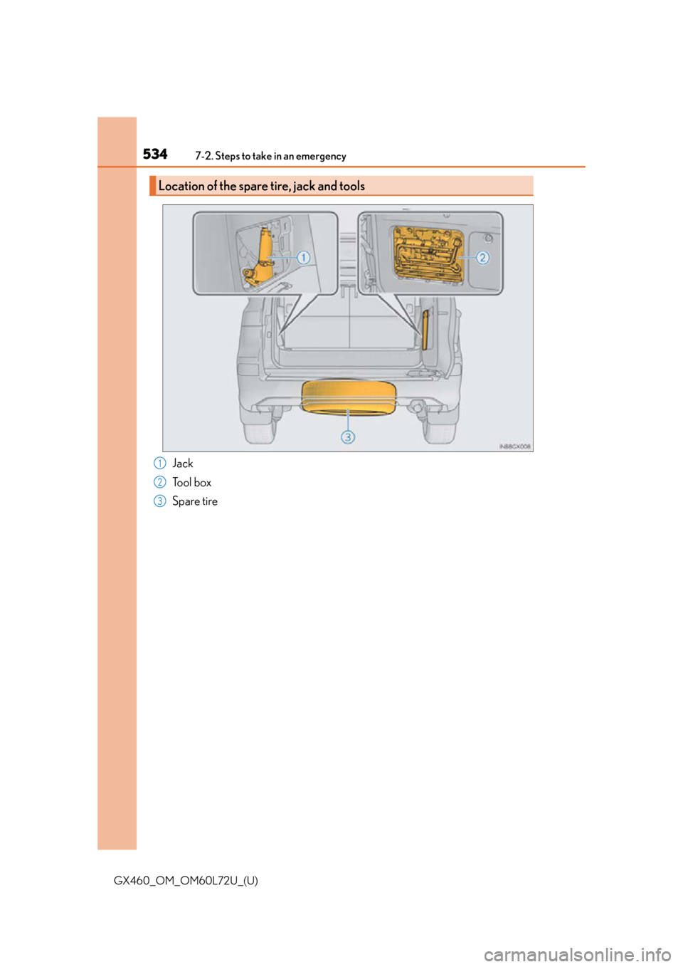 Lexus GX460 2015 TIPS FOR THE NAVIGATION SYSTEM / LEXUS 2015 GX460 OWNERS MANUAL (OM60L72U) 5347-2. Steps to take in an emergency
GX460_OM_OM60L72U_(U)
Jack
To o l b o x
Spare tire
Location of the spare tire, jack and tools
1
2
3 Lexus GX460 2015 TIPS FOR THE NAVIGATION SYSTEM / LEXUS 2015 GX460 OWNERS MANUAL (OM60L72U) 5347-2. Steps to take in an emergency
GX460_OM_OM60L72U_(U)
Jack
To o l b o x
Spare tire
Location of the spare tire, jack and tools
1
2
3
