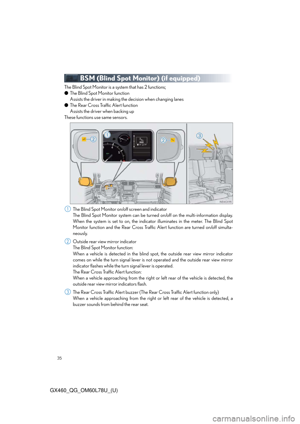 Lexus GX460 2015 Key information / LEXUS 2015 GX460 QUICK GUIDE OWNERS MANUAL (OM60L78U) 35
GX460_QG_OM60L78U_(U)
BSM (Blind Spot Monitor) (if equipped)
The Blind Spot Monitor is a system that has 2 functions;
● The Blind Spot Monitor function
Assists the driver in making the decision Lexus GX460 2015 Key information / LEXUS 2015 GX460 QUICK GUIDE OWNERS MANUAL (OM60L78U) 35
GX460_QG_OM60L78U_(U)
BSM (Blind Spot Monitor) (if equipped)
The Blind Spot Monitor is a system that has 2 functions;
● The Blind Spot Monitor function
Assists the driver in making the decision