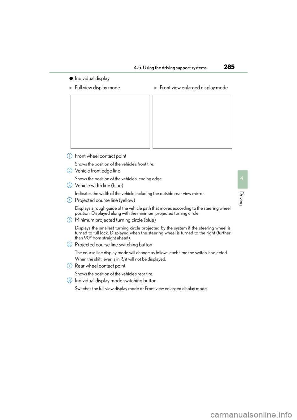 Lexus GX460 2014 Repair Manual GX 460 _O M_ OM6 0K 80 U_ (U)
2854-5. Using the driving support systems
4
Driving
●Individual display
Front wheel contact point
Shows the position of the vehicle’s front tire.
Vehicle front edge Lexus GX460 2014 Repair Manual GX 460 _O M_ OM6 0K 80 U_ (U)
2854-5. Using the driving support systems
4
Driving
●Individual display
Front wheel contact point
Shows the position of the vehicle’s front tire.
Vehicle front edge