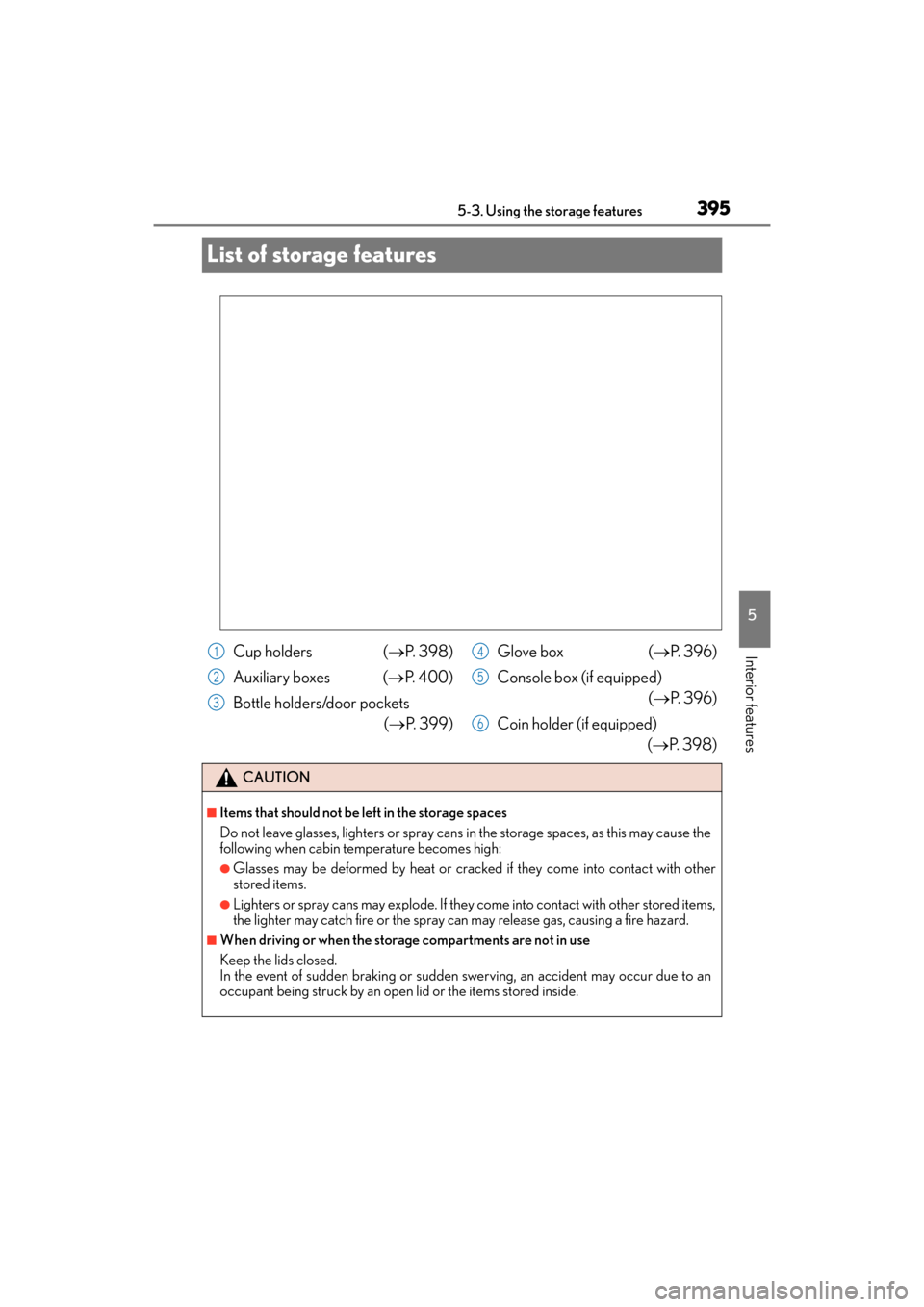 Lexus GX460 2014  Owners Manual 395
GX 460 _O M_ OM6 0K 80 U_ (U)5-3. Using the storage features
5
Interior features
List of storage features
Cup holders (
→P.  3 9 8 )
Auxiliary boxes (→ P.  4 0 0 )
Bottle holders/door pockets 